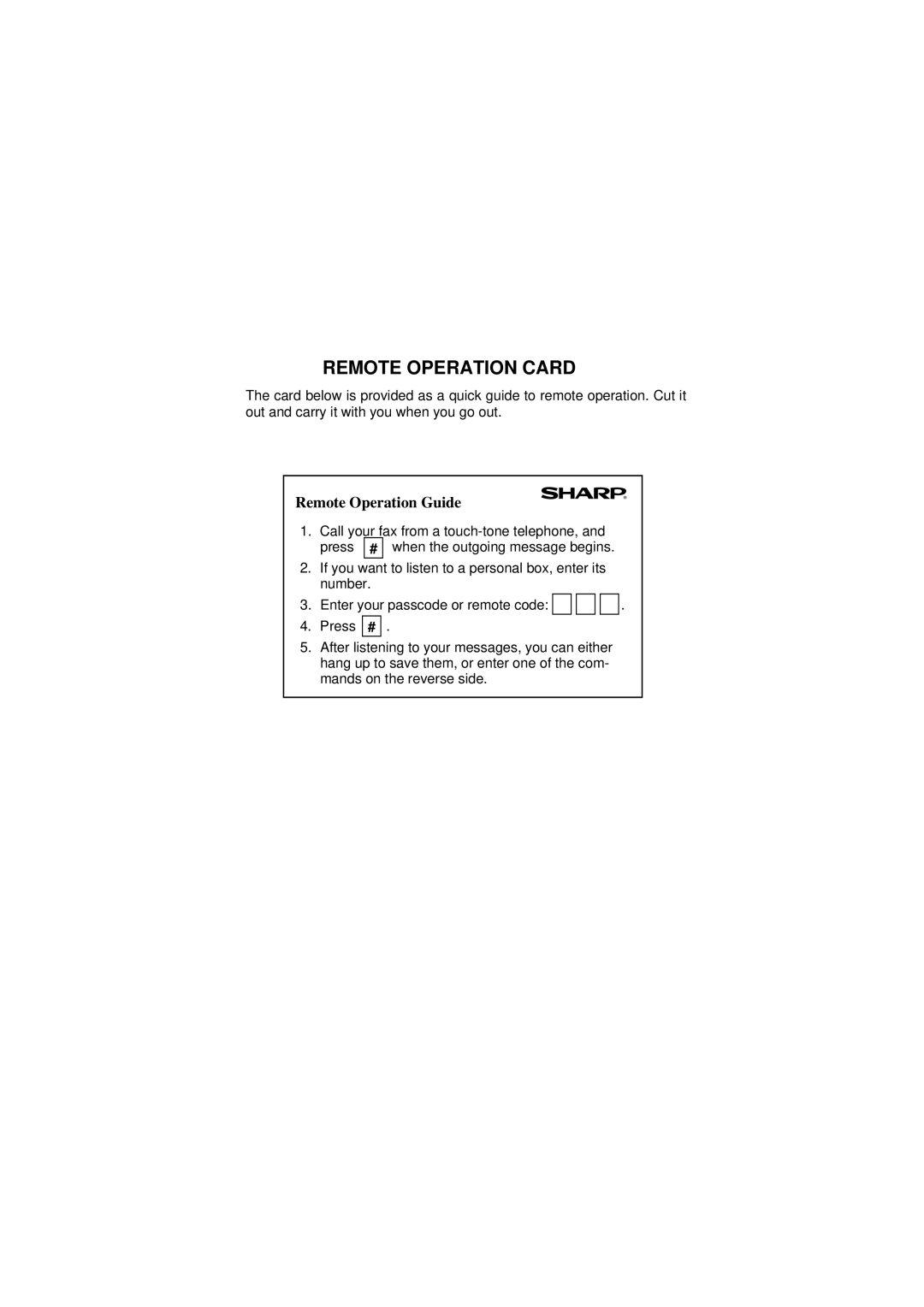 Sharp FO-1650, FO-1850 operation manual Remote Operation Card 