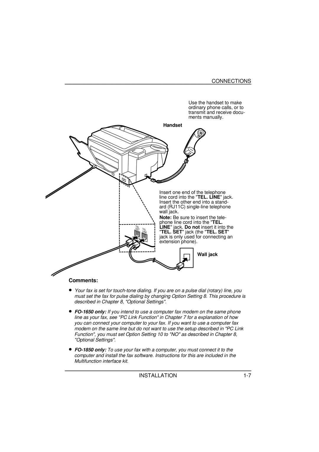 Sharp FO-1650, FO-1850 operation manual Connections, Handset, Wall jack 