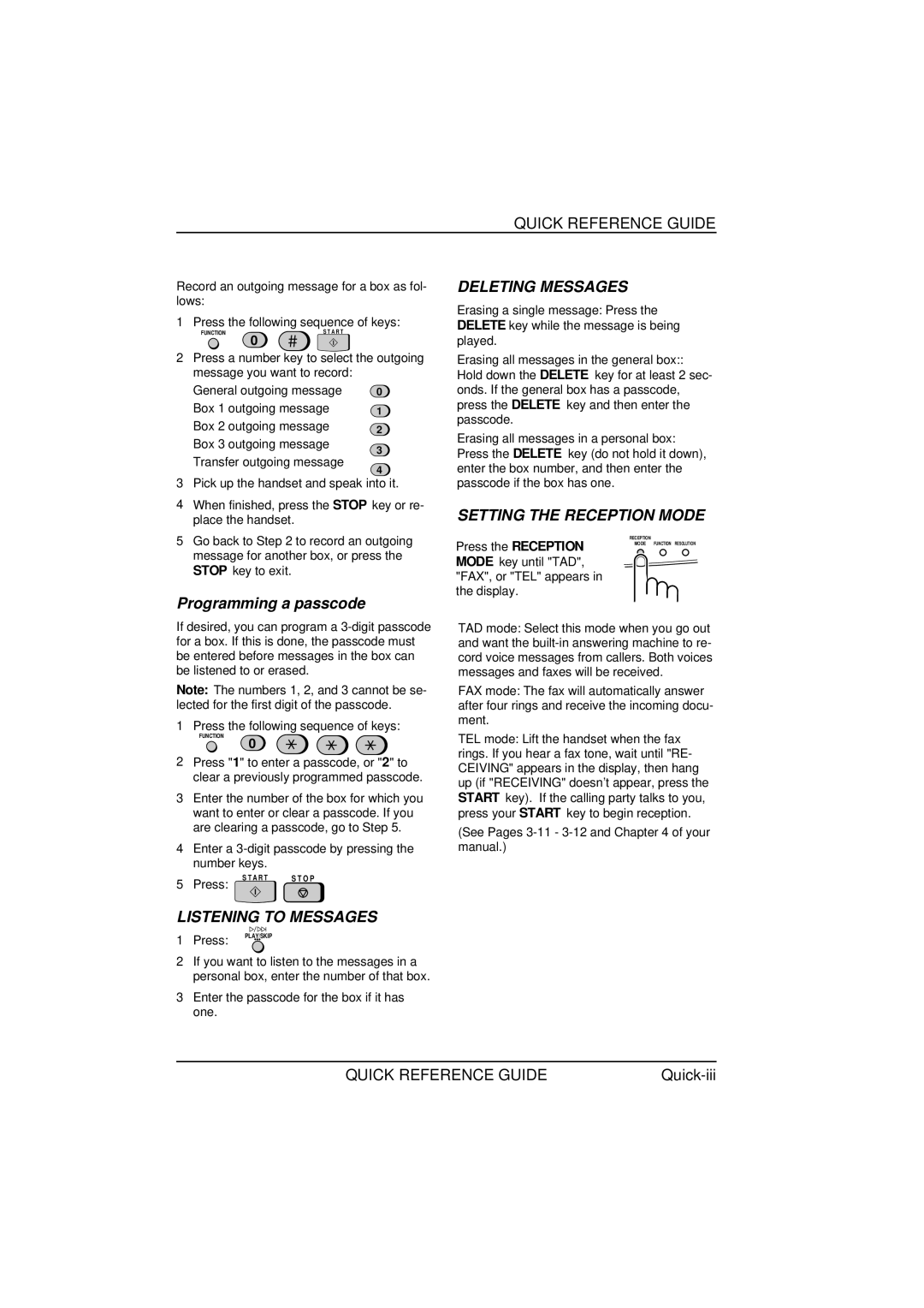 Sharp FO-1650, FO-1850 operation manual Programming a passcode, Deleting Messages 