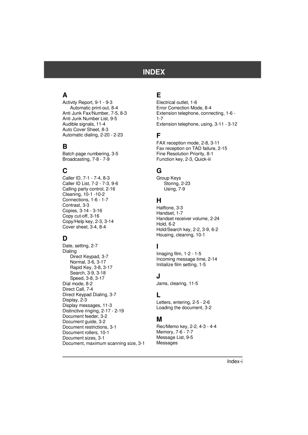 Sharp FO-1850, FO-1650 operation manual Index 