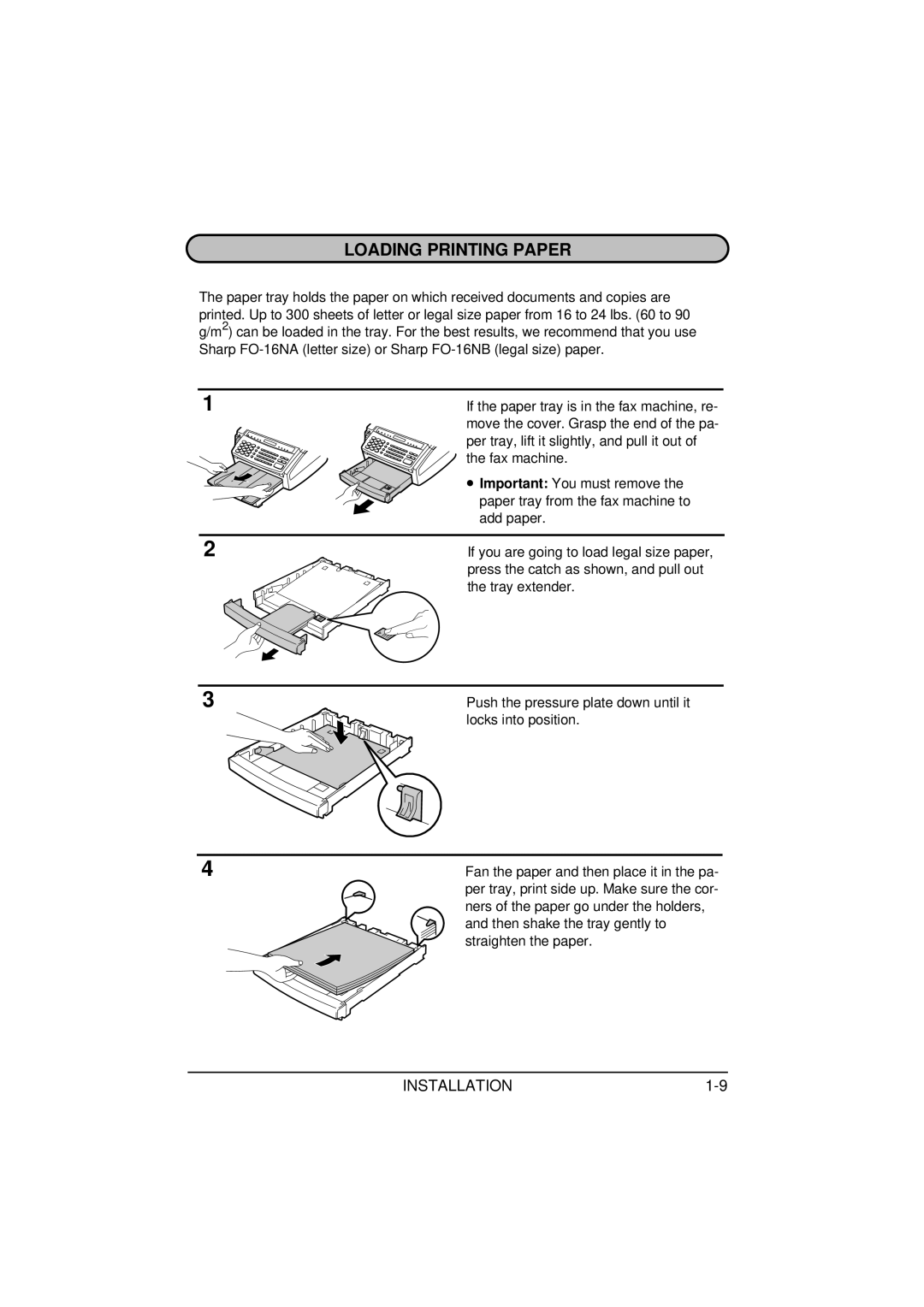 Sharp FO-1650, FO-1850 operation manual Loading Printing Paper 