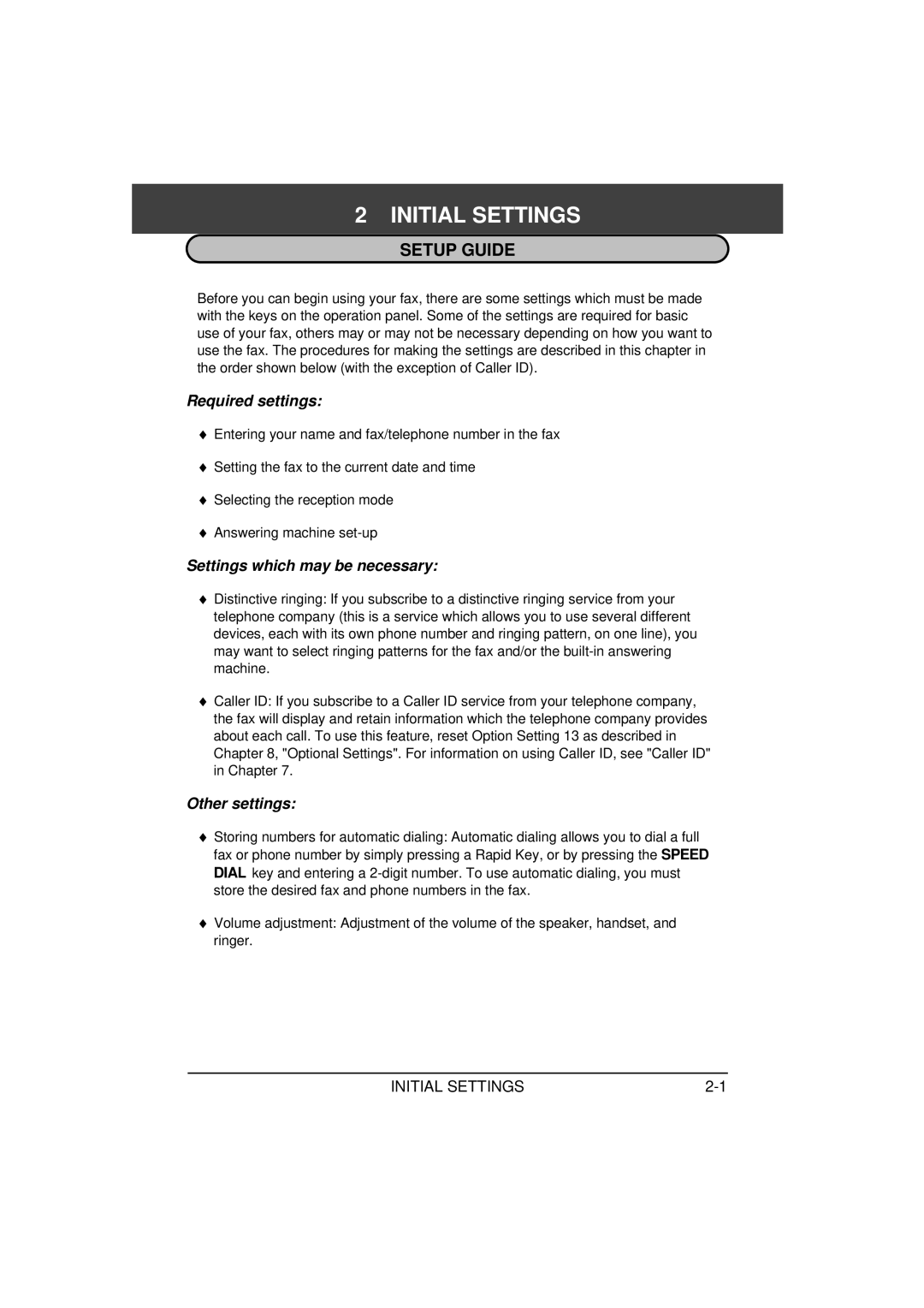 Sharp FO-1650, FO-1850 Initial Settings, Setup Guide, Required settings, Settings which may be necessary, Other settings 