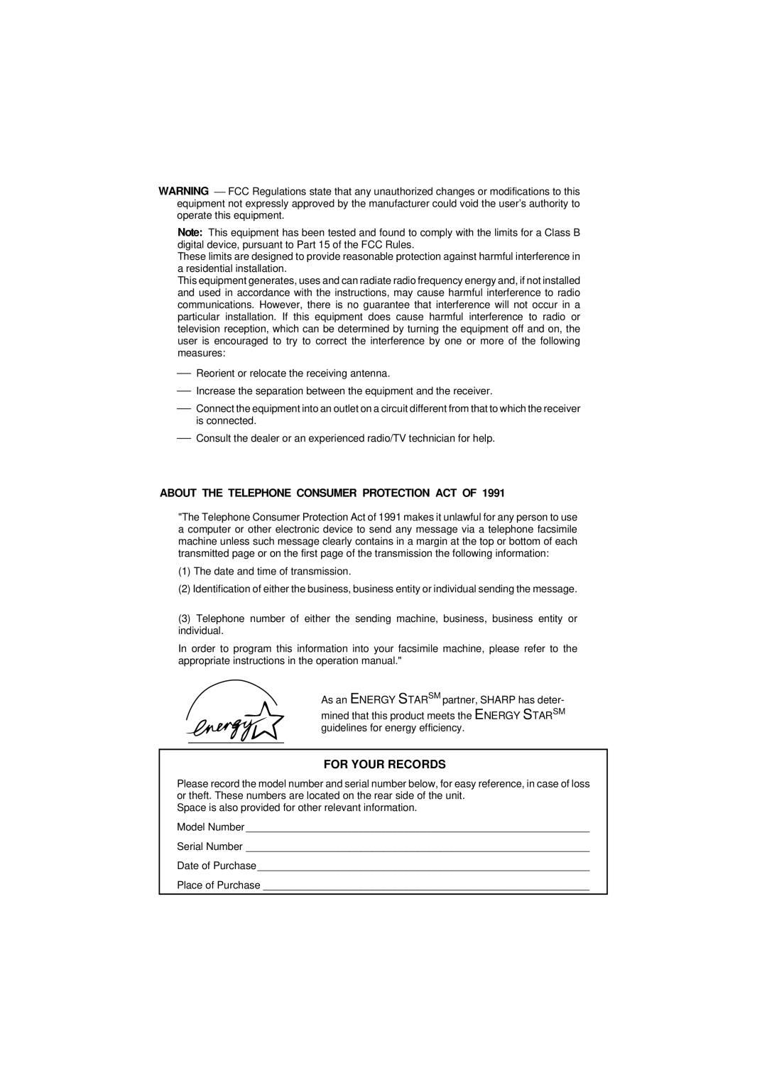 Sharp FO-1850, FO-1650 operation manual For Your Records 