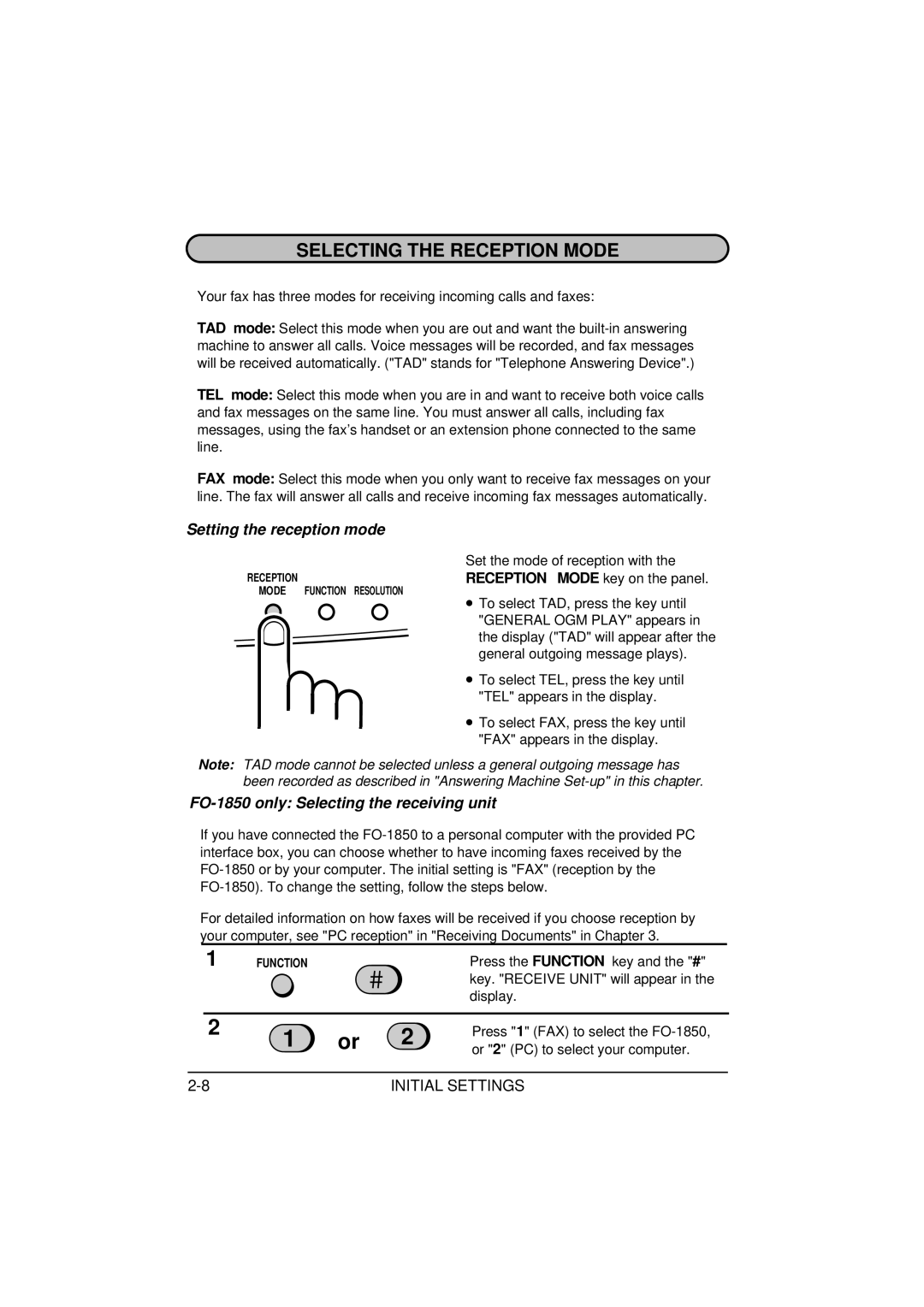 Sharp FO-1650 operation manual Setting the reception mode, FO-1850 only Selecting the receiving unit 