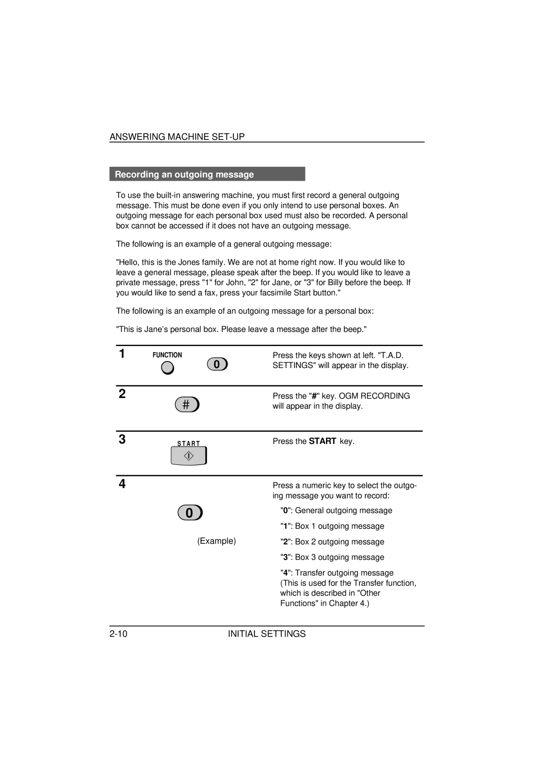 Sharp FO-1850, FO-1650 operation manual Answering Machine SET-UP, Recording an outgoing message 