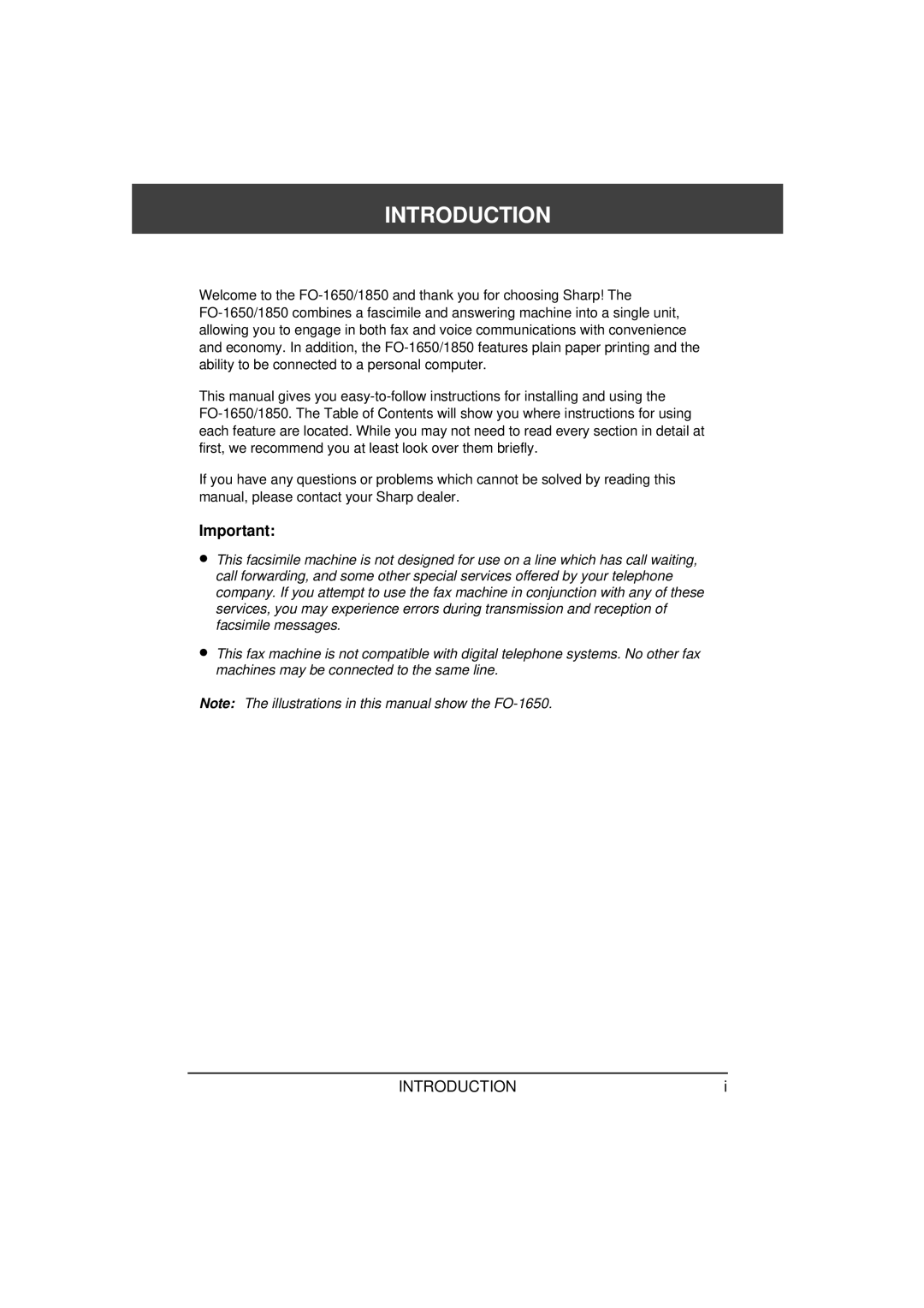 Sharp FO-1650, FO-1850 operation manual Introduction 