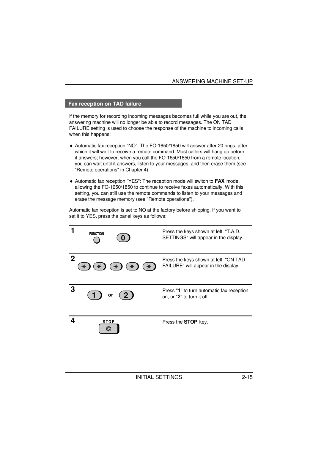 Sharp FO-1650, FO-1850 operation manual Fax reception on TAD failure 