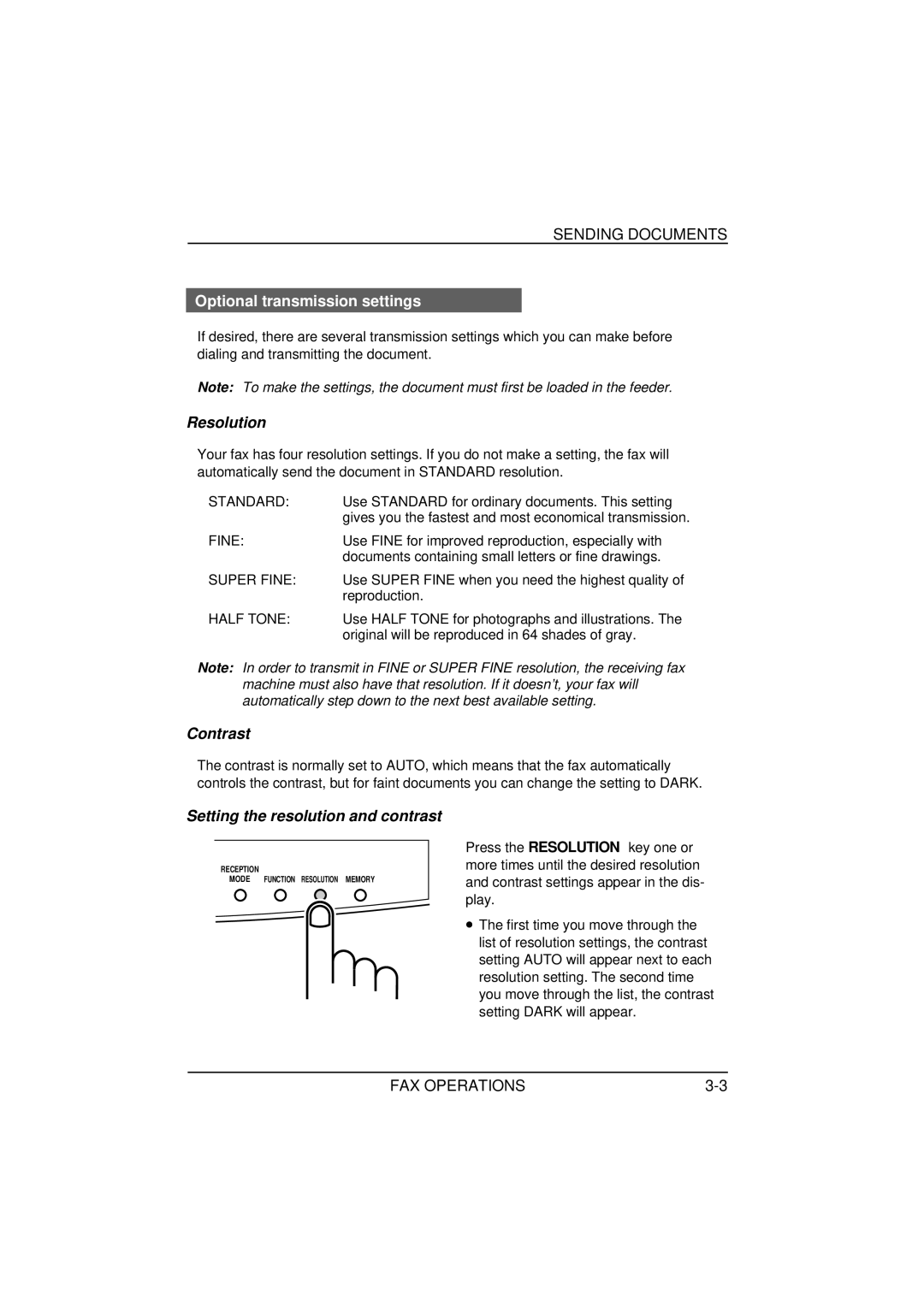 Sharp FO-1650, FO-1850 Optional transmission settings, Resolution, Contrast, Setting the resolution and contrast 