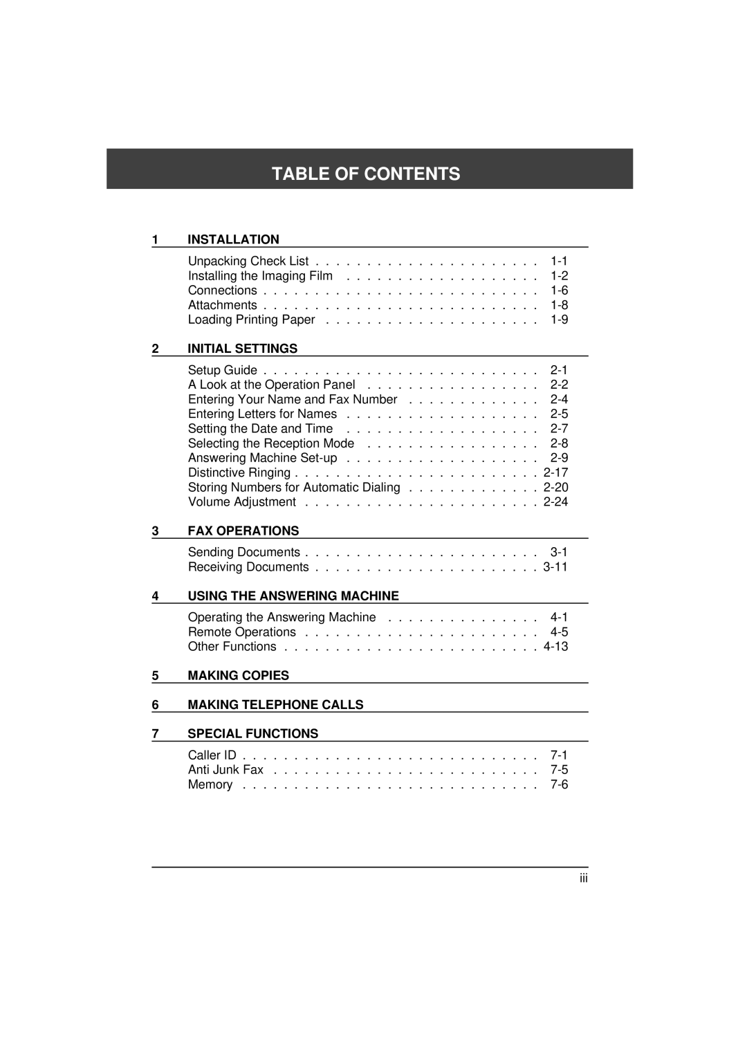 Sharp FO-1650, FO-1850 operation manual Table of Contents 