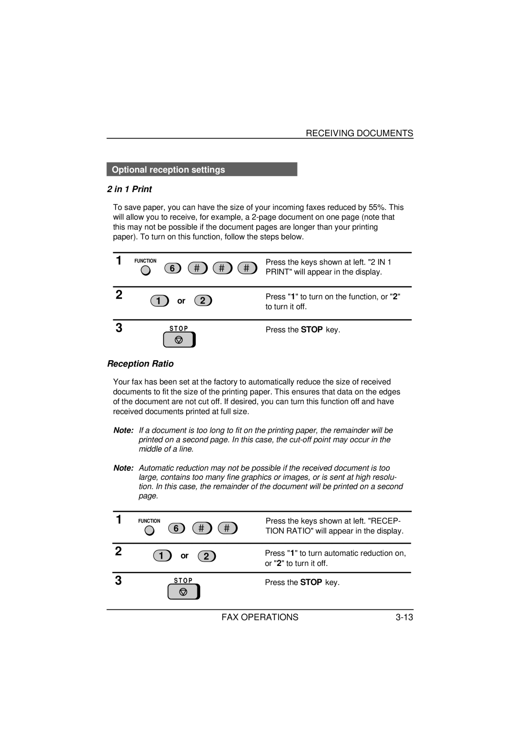 Sharp FO-1650, FO-1850 operation manual Optional reception settings, Print, Reception Ratio 