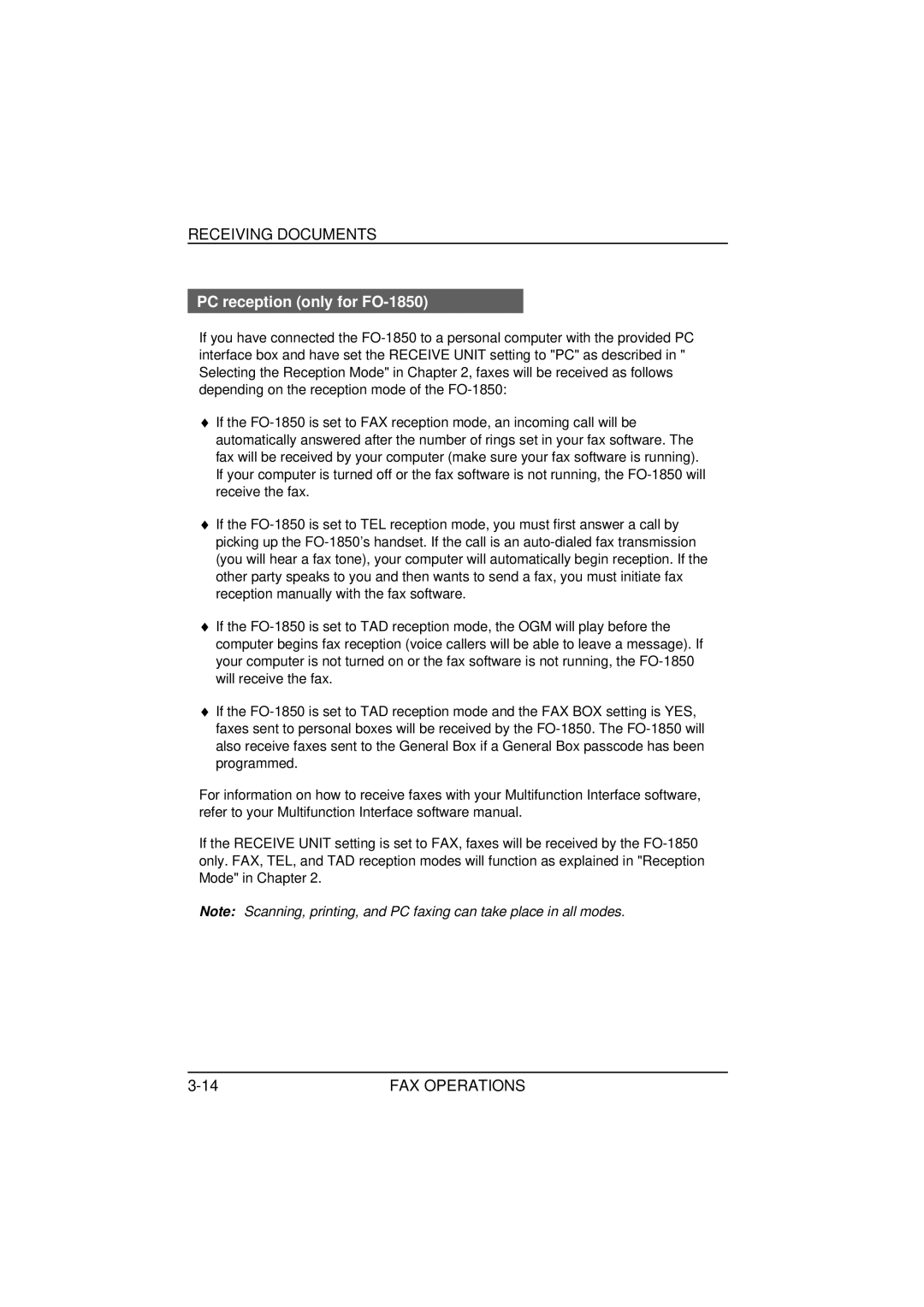 Sharp FO-1650 operation manual PC reception only for FO-1850 