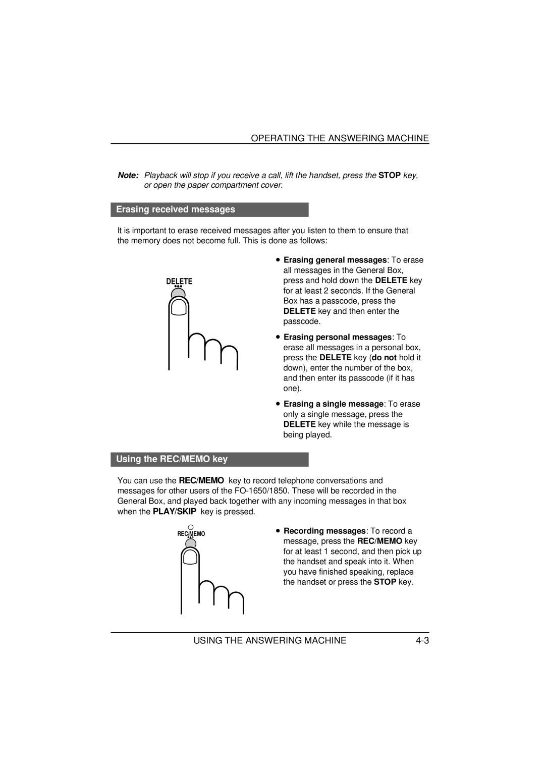 Sharp FO-1650, FO-1850 operation manual Erasing received messages, Using the REC/MEMO key, Recording messages To record a 