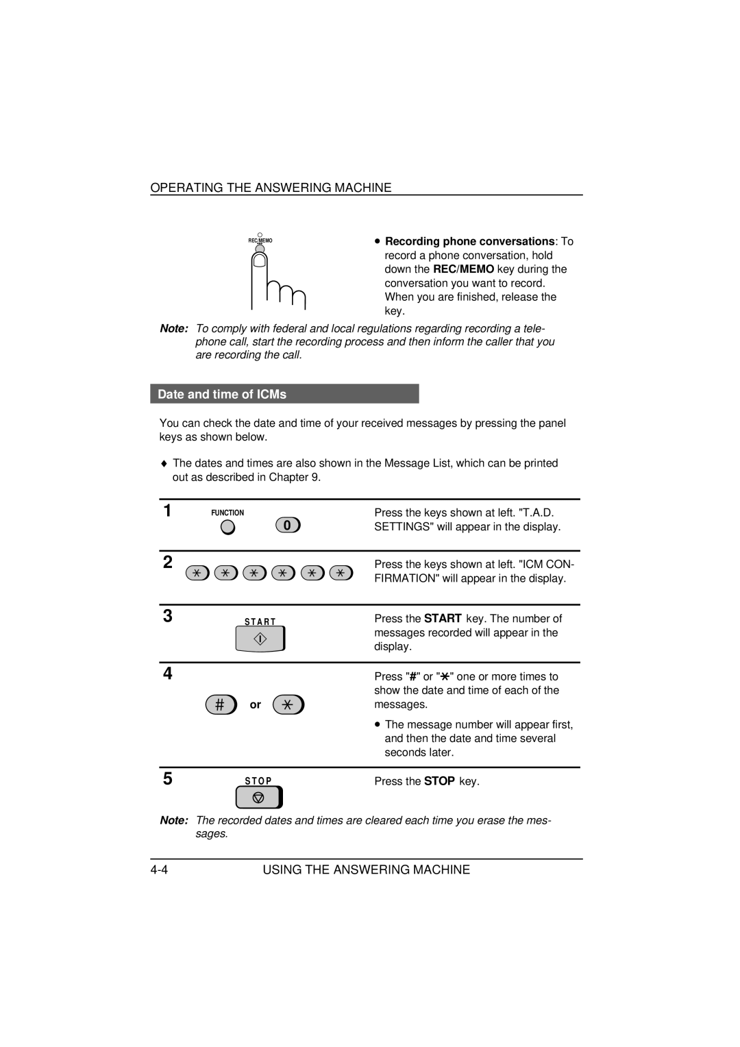 Sharp FO-1850, FO-1650 operation manual Date and time of ICMs, Recording phone conversations To 