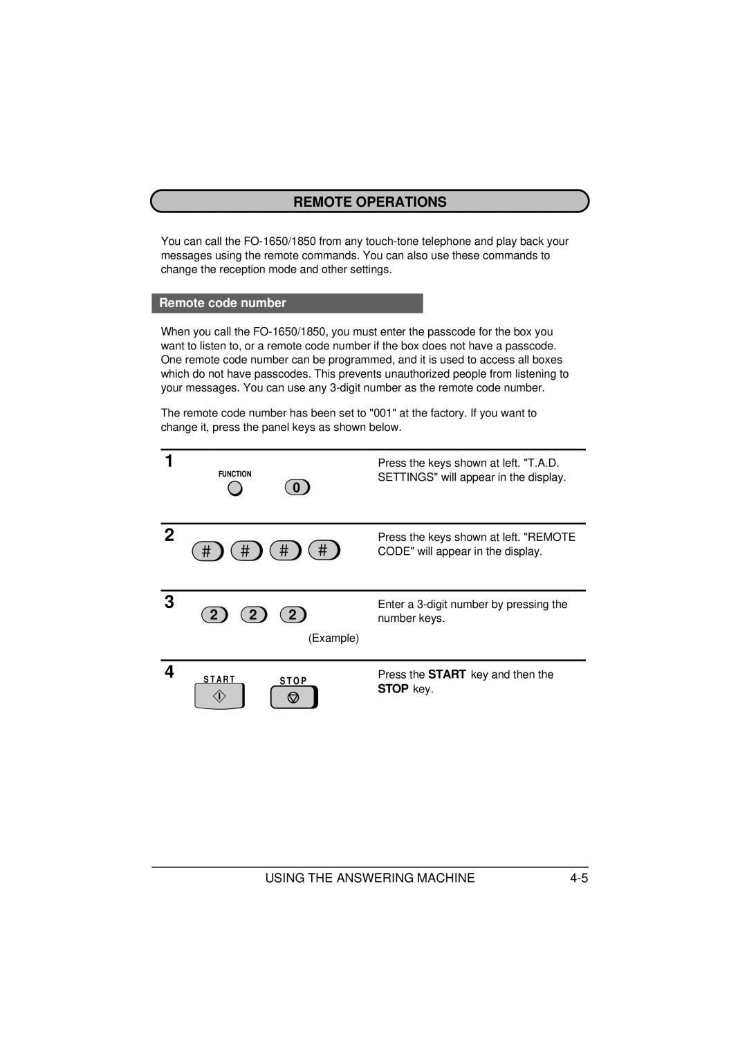 Sharp FO-1650, FO-1850 operation manual Remote Operations, Remote code number 