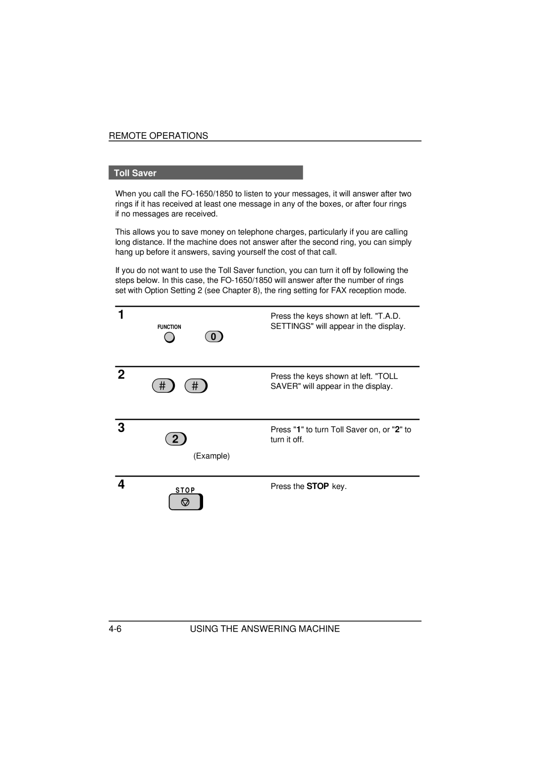 Sharp FO-1850, FO-1650 operation manual Remote Operations, Toll Saver 