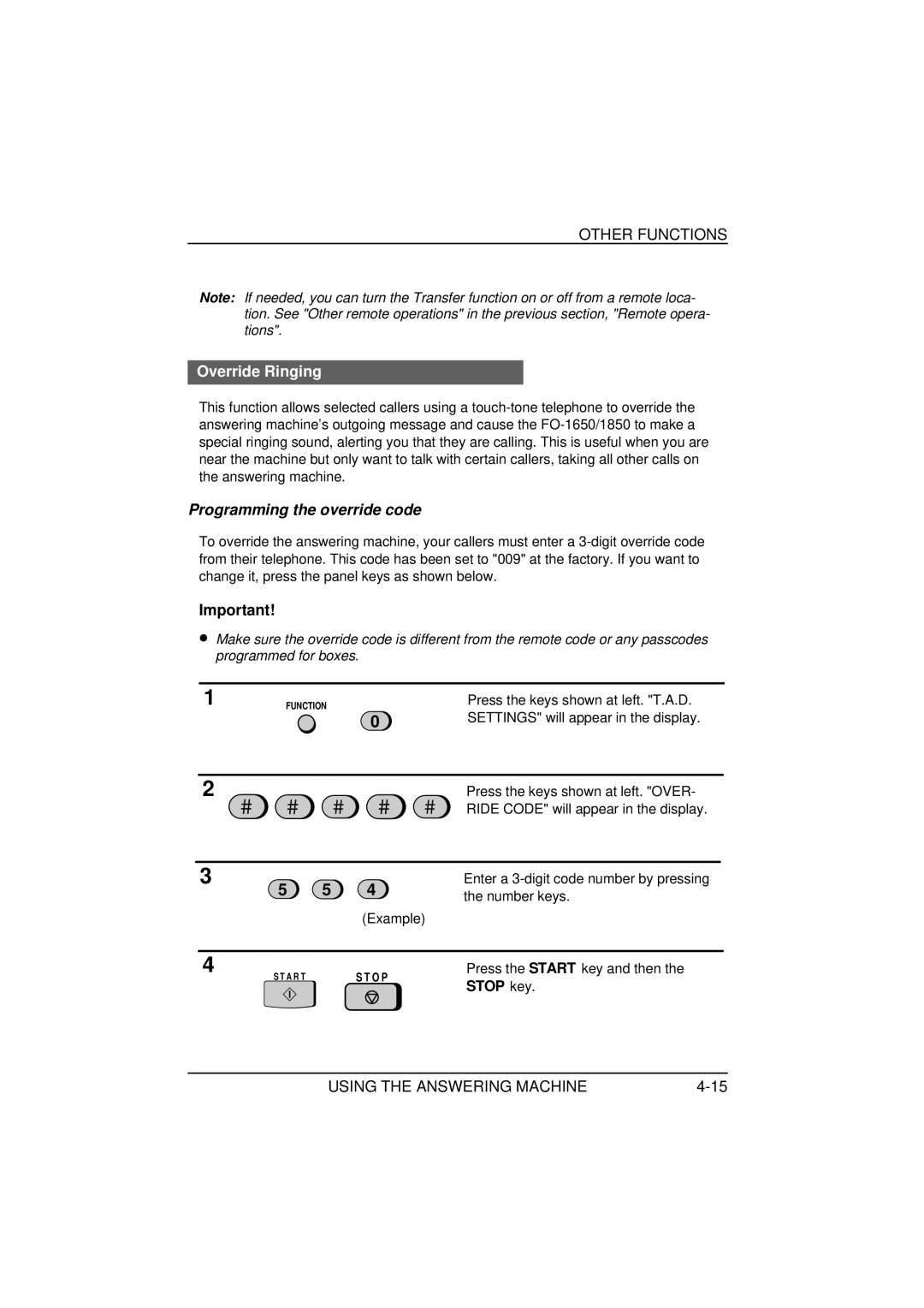 Sharp FO-1650, FO-1850 operation manual Override Ringing, Programming the override code 