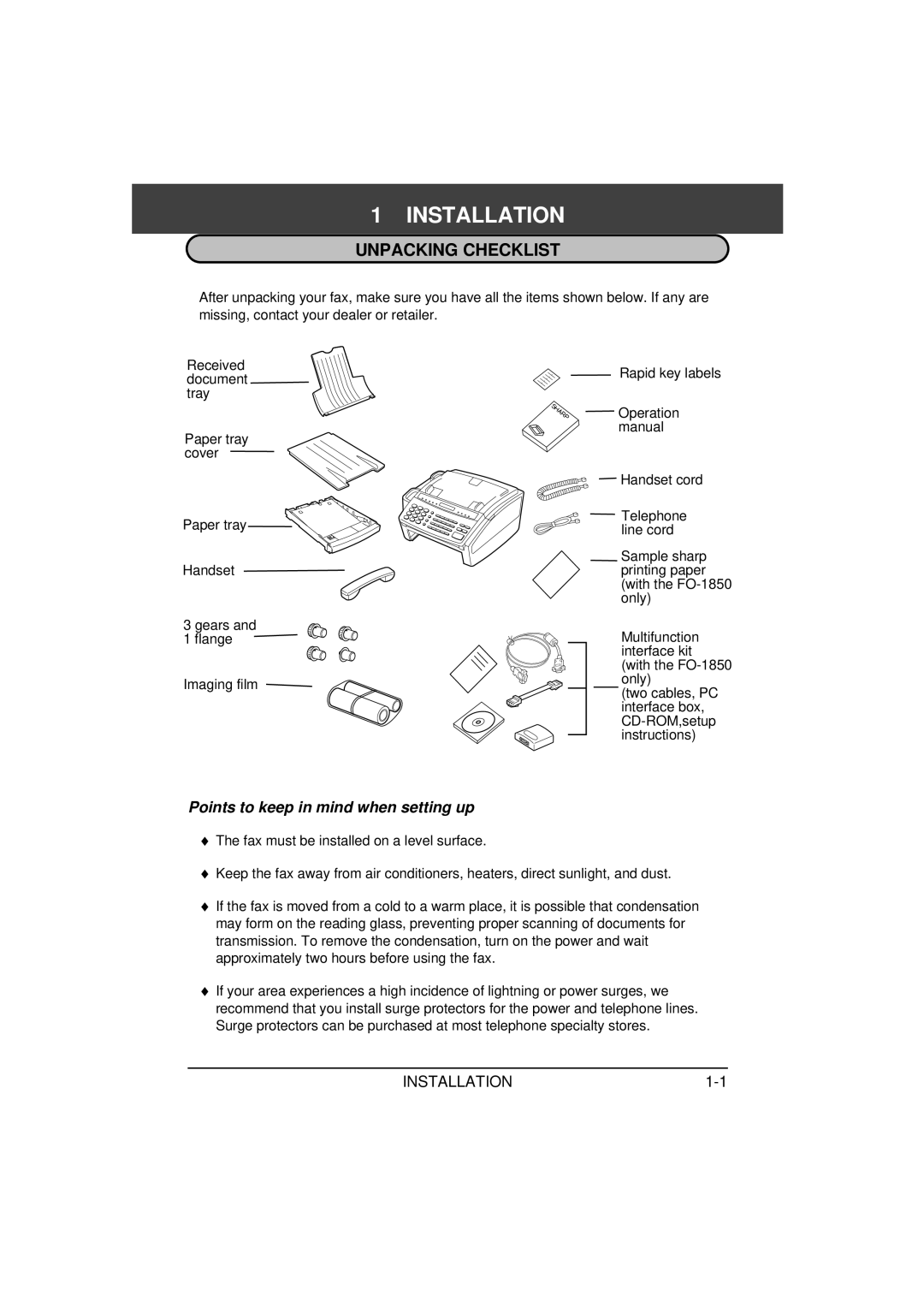 Sharp FO-1650, FO-1850 operation manual Installation, Unpacking Checklist, Points to keep in mind when setting up 