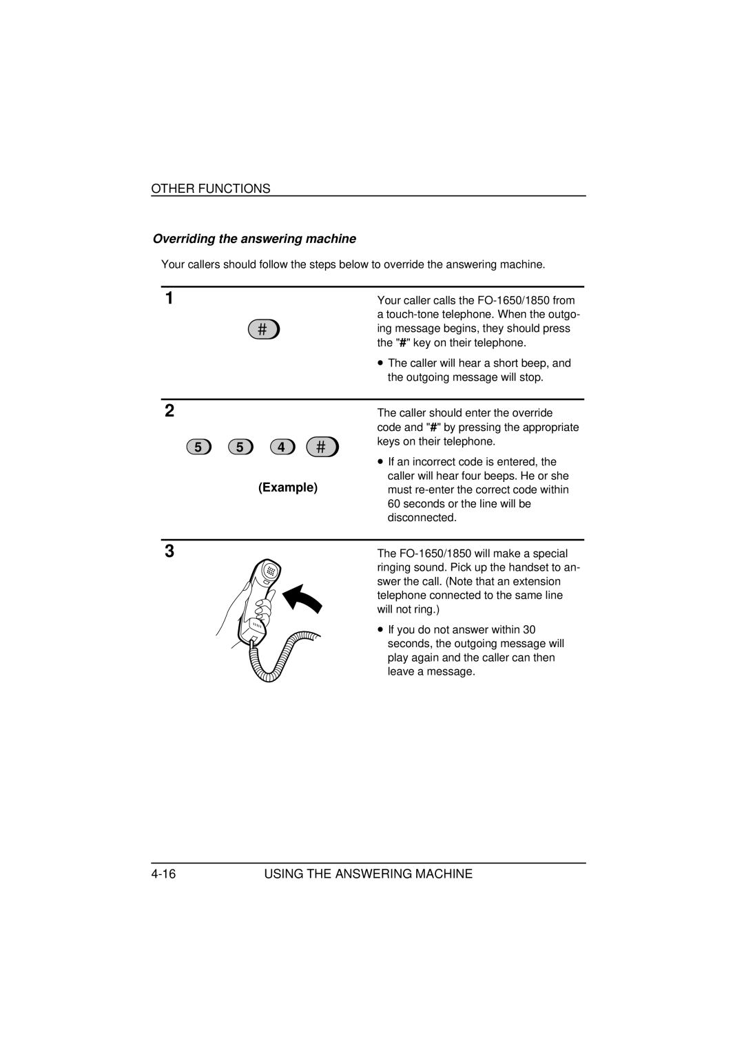 Sharp FO-1850, FO-1650 operation manual Overriding the answering machine 