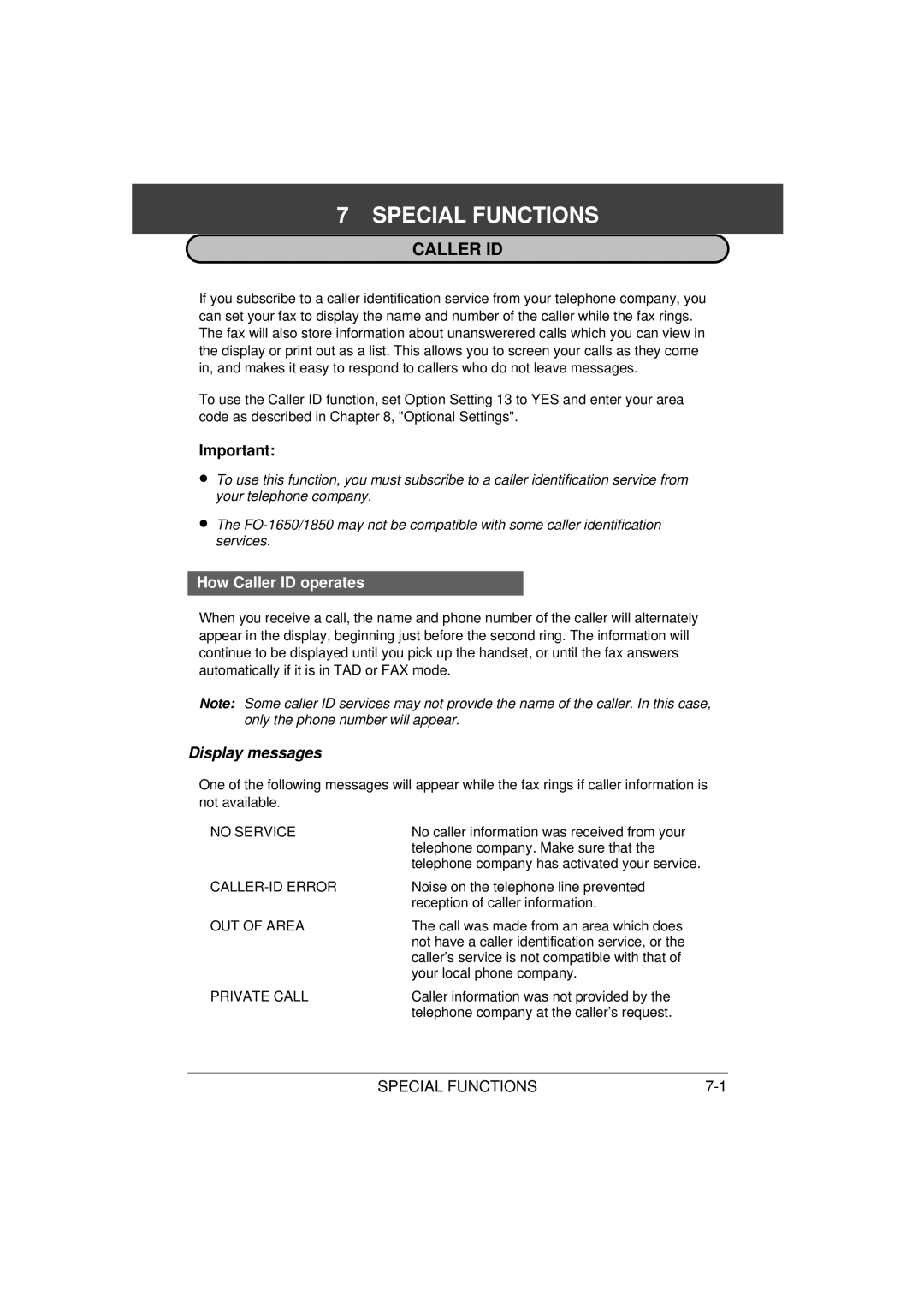 Sharp FO-1650, FO-1850 operation manual Special Functions, How Caller ID operates, Display messages 