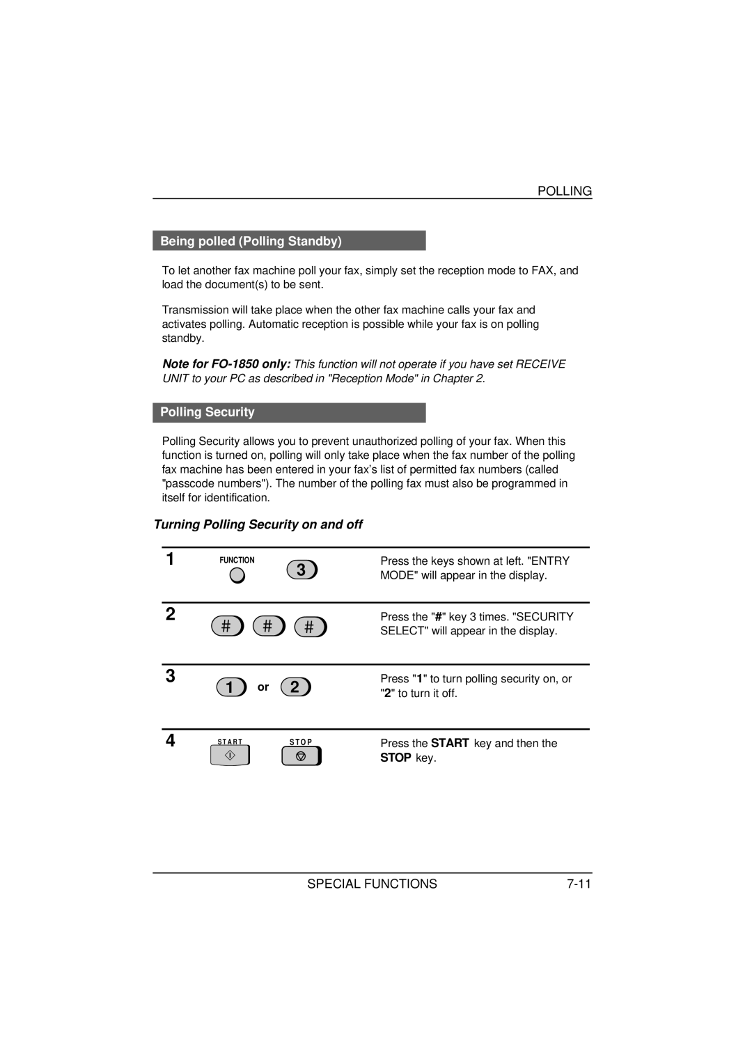 Sharp FO-1650 Being polled Polling Standby, Turning Polling Security on and off, Mode will appear in the display 