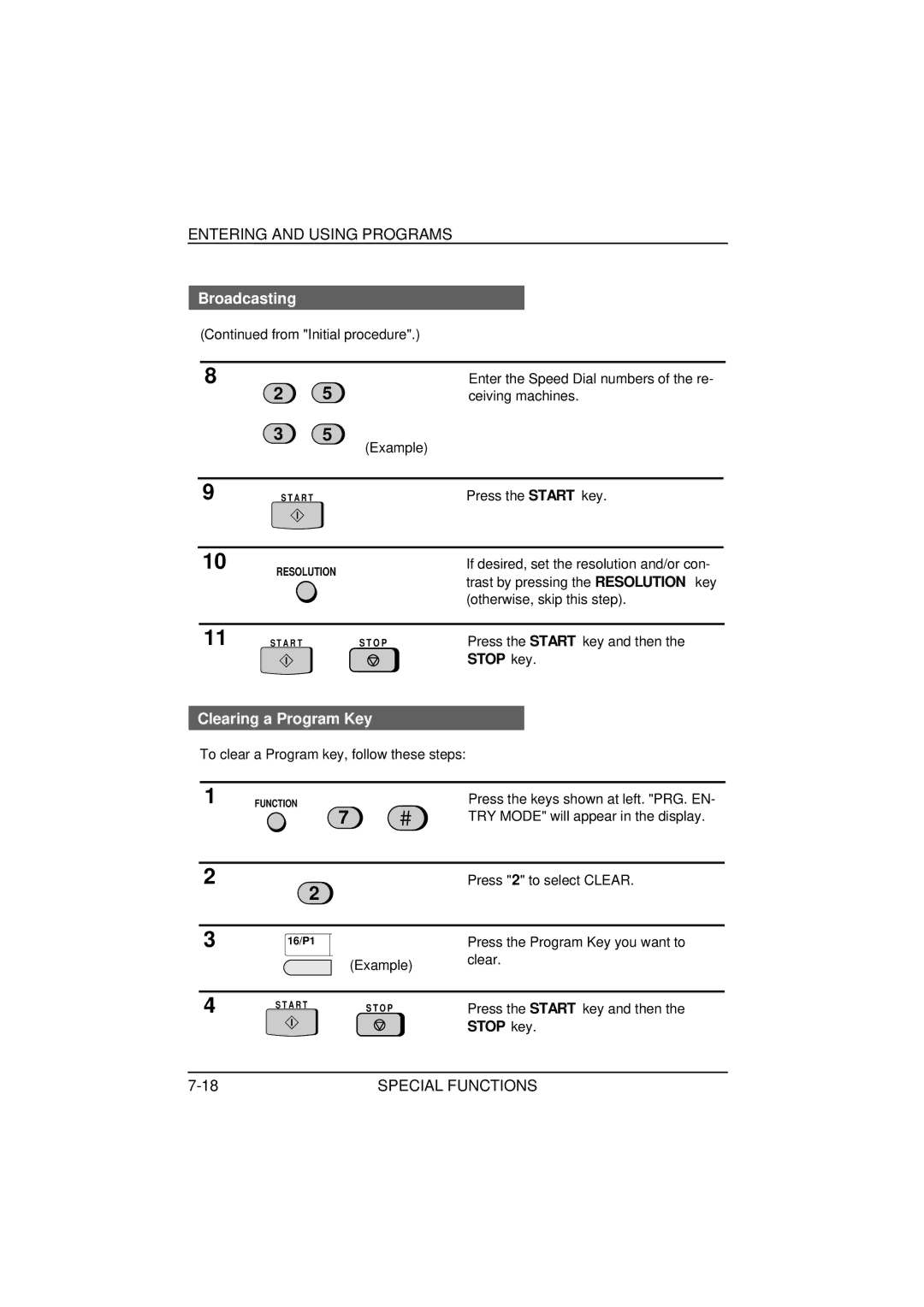 Sharp FO-1850, FO-1650 operation manual Broadcasting, Clearing a Program Key, Ceiving machines, Example 