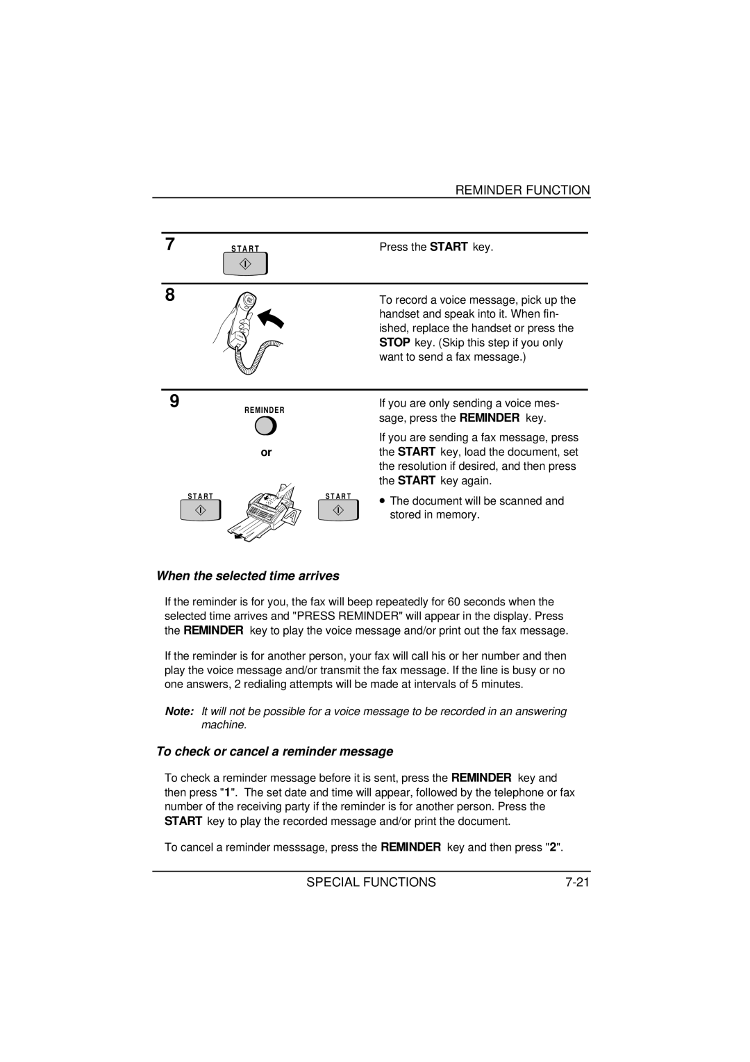 Sharp FO-1650, FO-1850 Reminder Function, When the selected time arrives, To check or cancel a reminder message 