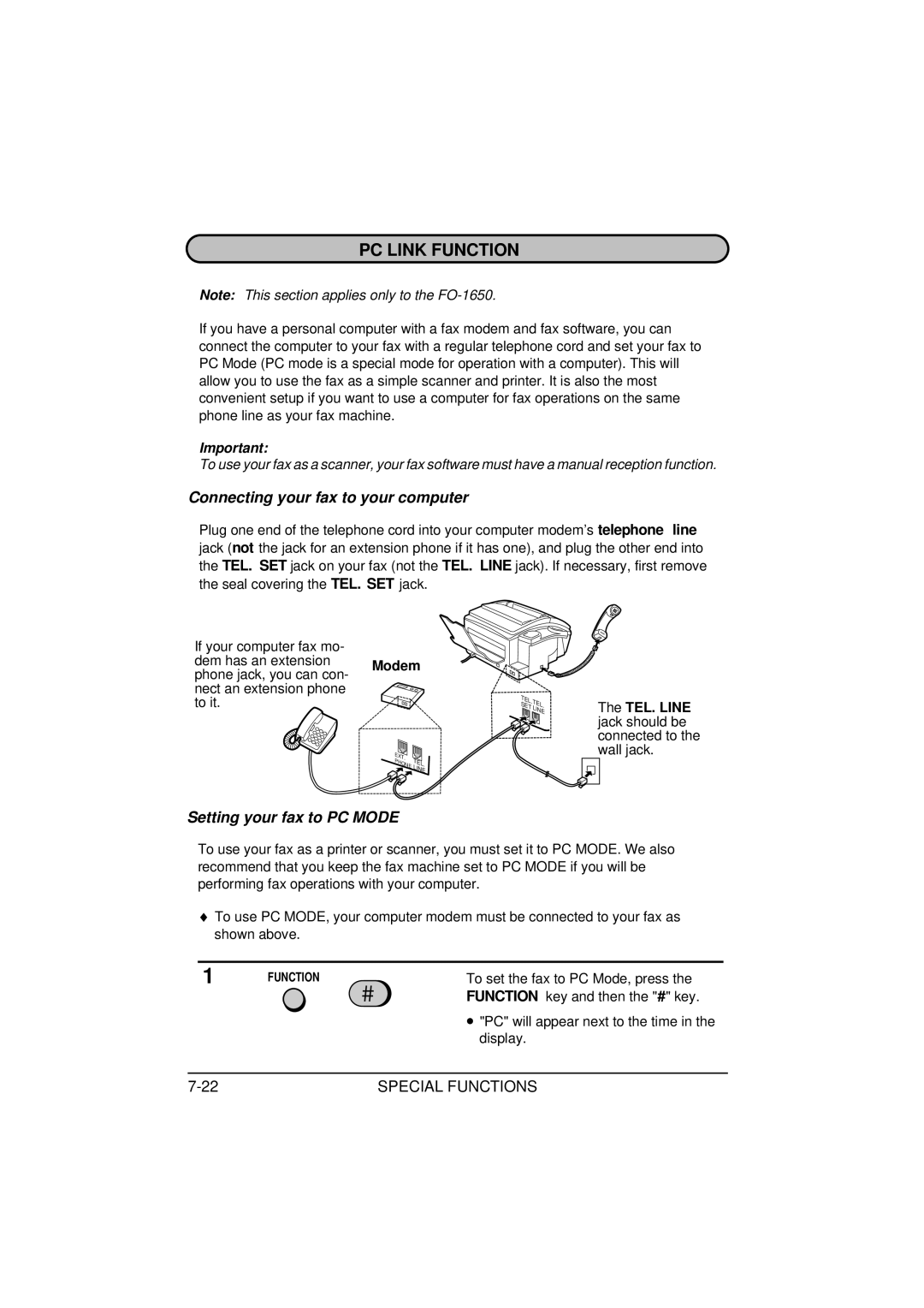 Sharp FO-1850, FO-1650 PC Link Function, Connecting your fax to your computer, Setting your fax to PC Mode, Modem 