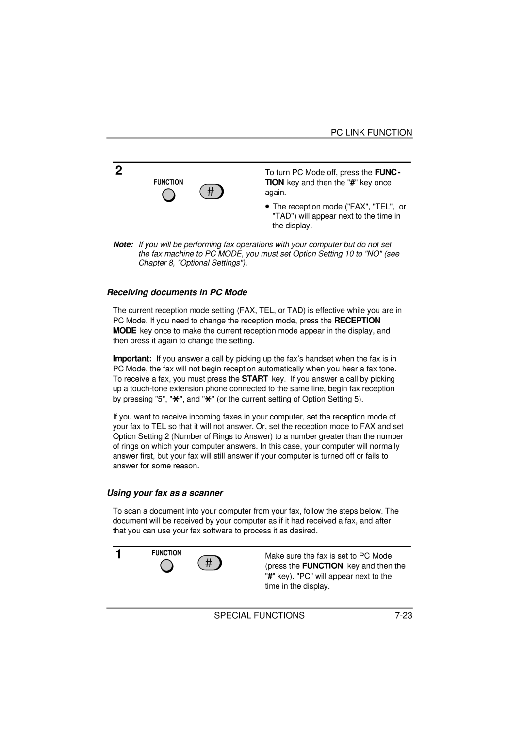 Sharp FO-1650, FO-1850 operation manual PC Link Function, Receiving documents in PC Mode, Using your fax as a scanner 