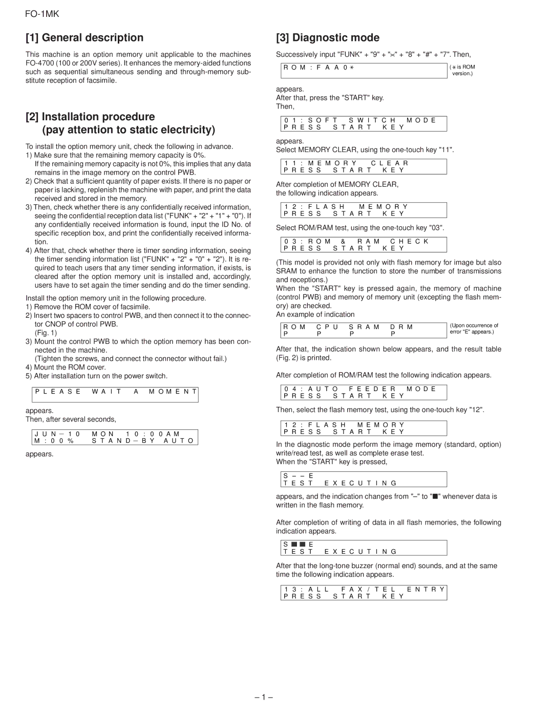 Sharp FO-1MK General description, Installation procedure Pay attention to static electricity, Diagnostic mode 