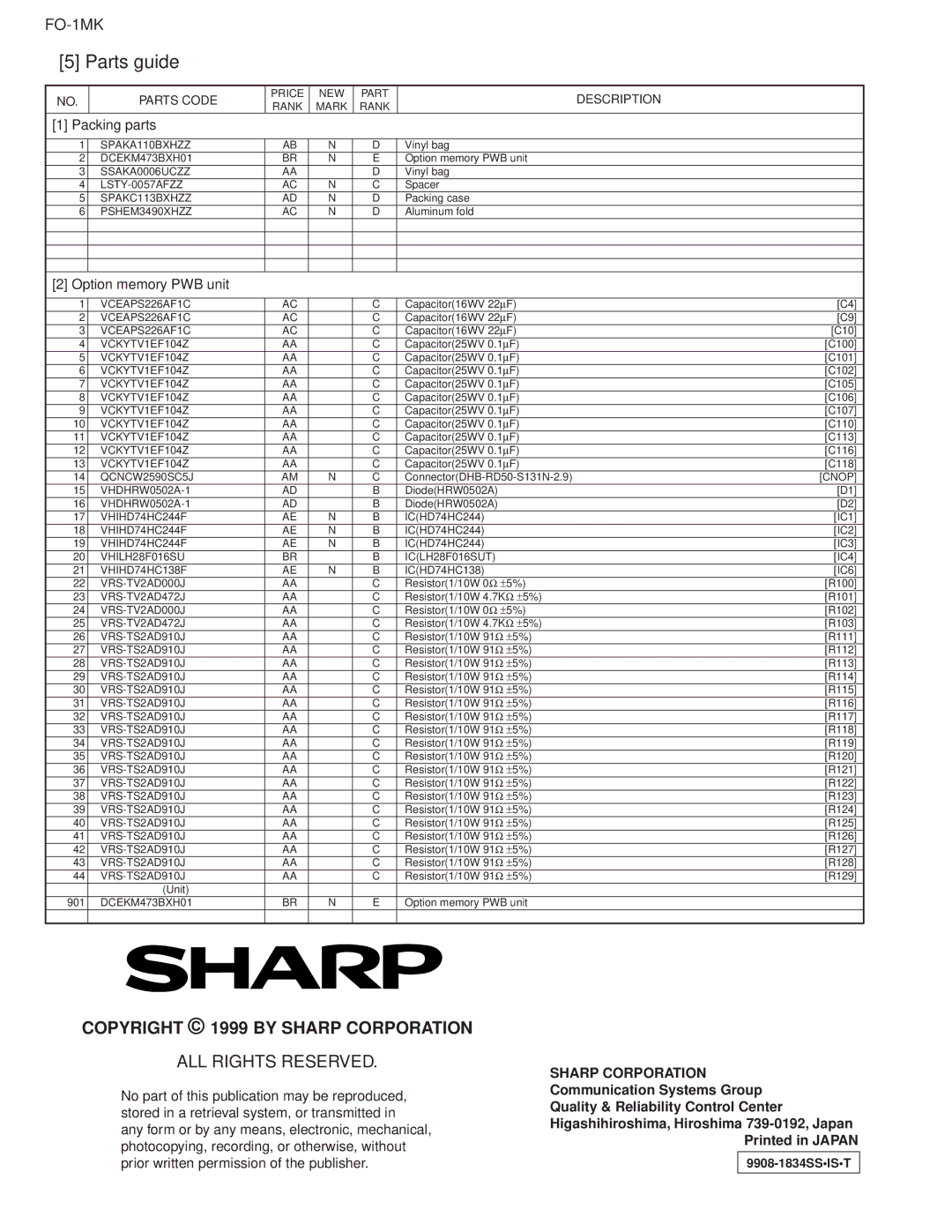 Sharp FO-1MK service manual Copyright 1999 by Sharp Corporation 