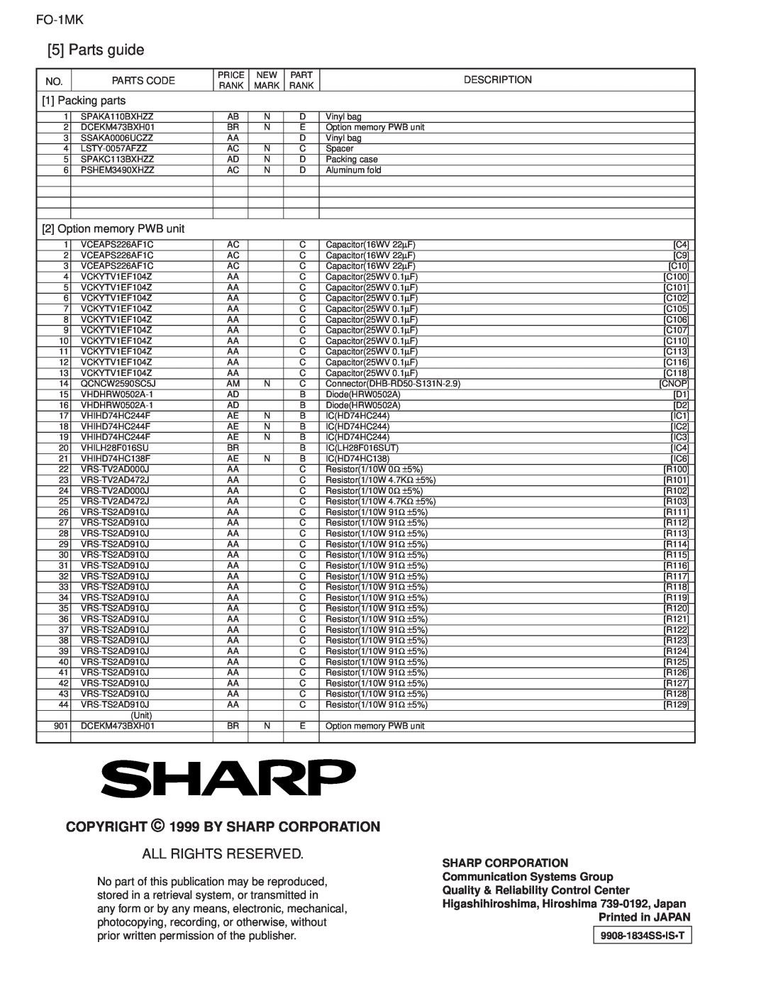 Sharp FO-1MK Parts guide, All Rights Reserved, Packing parts, Option memory PWB unit, COPYRIGHT 1999 BY SHARP CORPORATION 