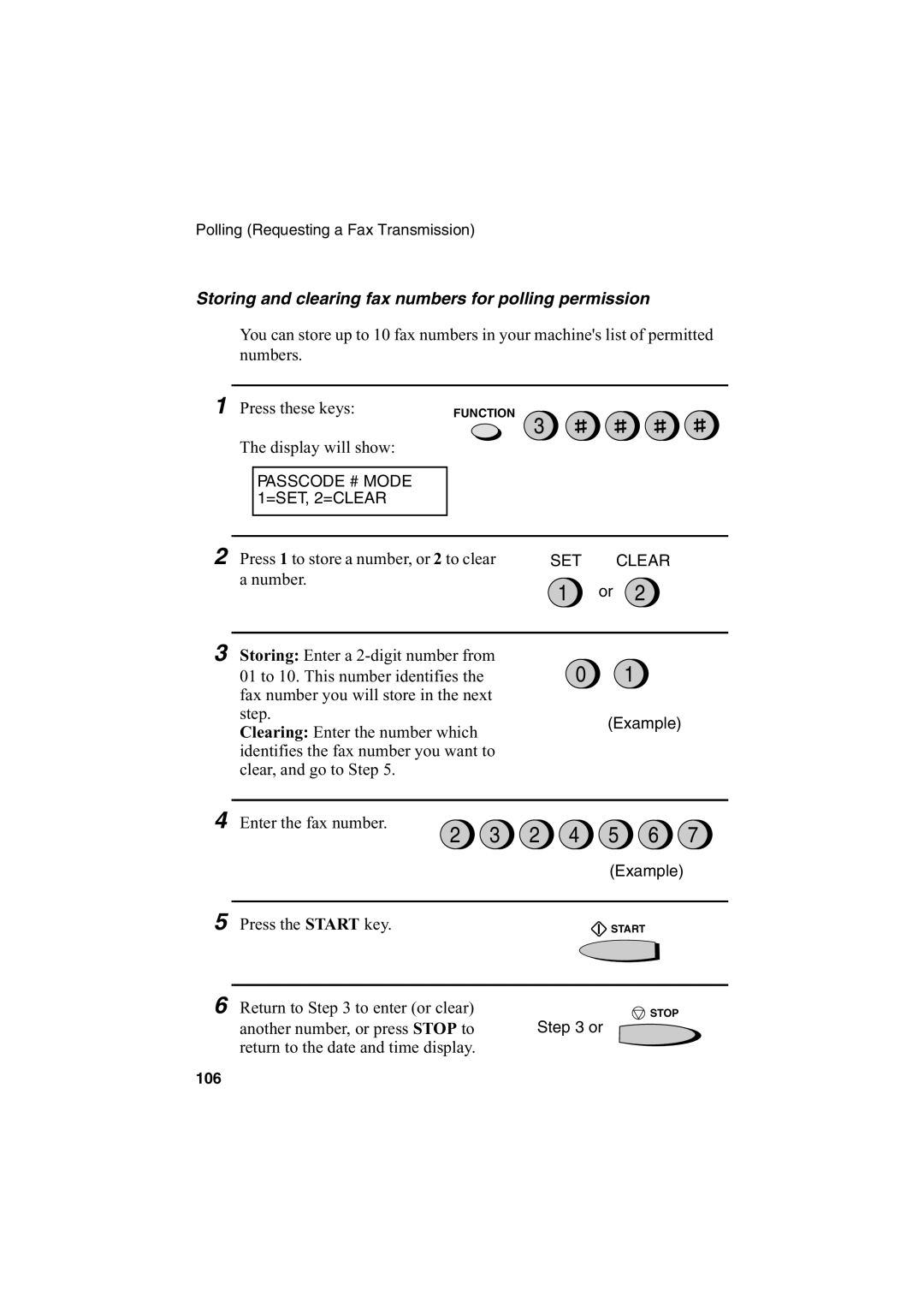 Sharp FO-2950M operation manual Storing and clearing fax numbers for polling permission, Press these keys 