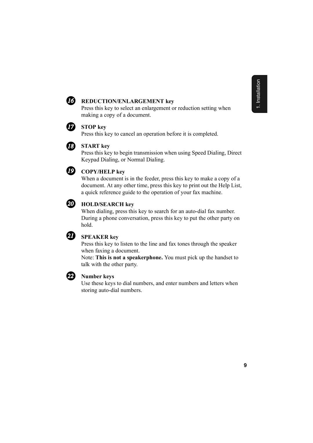 Sharp FO-2950M REDUCTION/ENLARGEMENT key, Stop key, Start key, COPY/HELP key, HOLD/SEARCH key, Speaker key, Number keys 