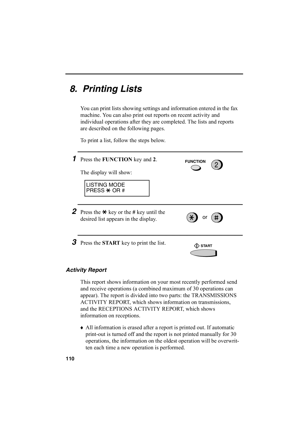 Sharp FO-2950M operation manual Printing Lists, Activity Report 