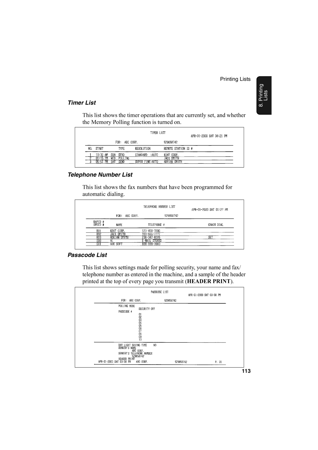 Sharp FO-2950M operation manual Timer List, Telephone Number List, Passcode List 