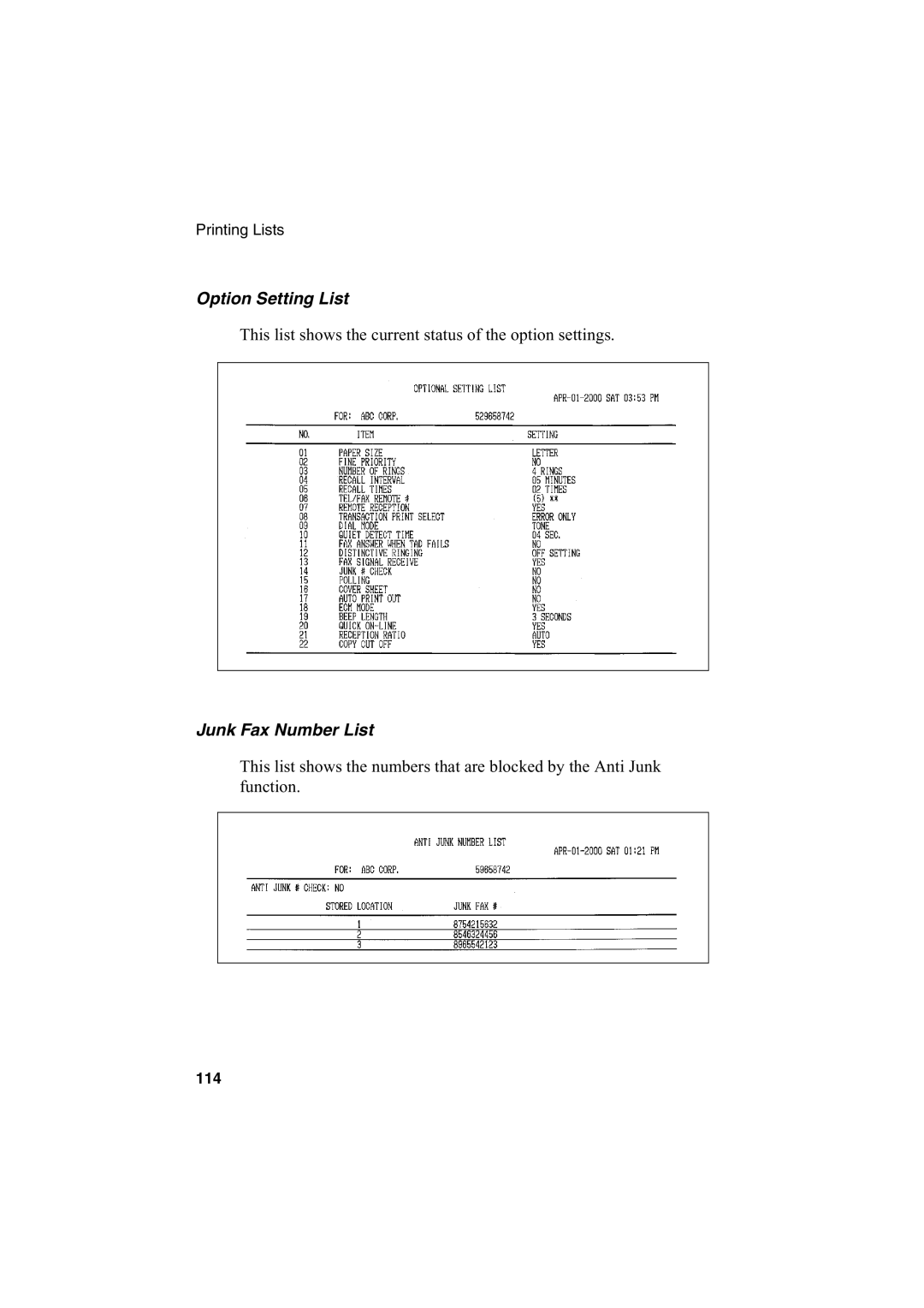 Sharp FO-2950M operation manual Option Setting List, Junk Fax Number List 