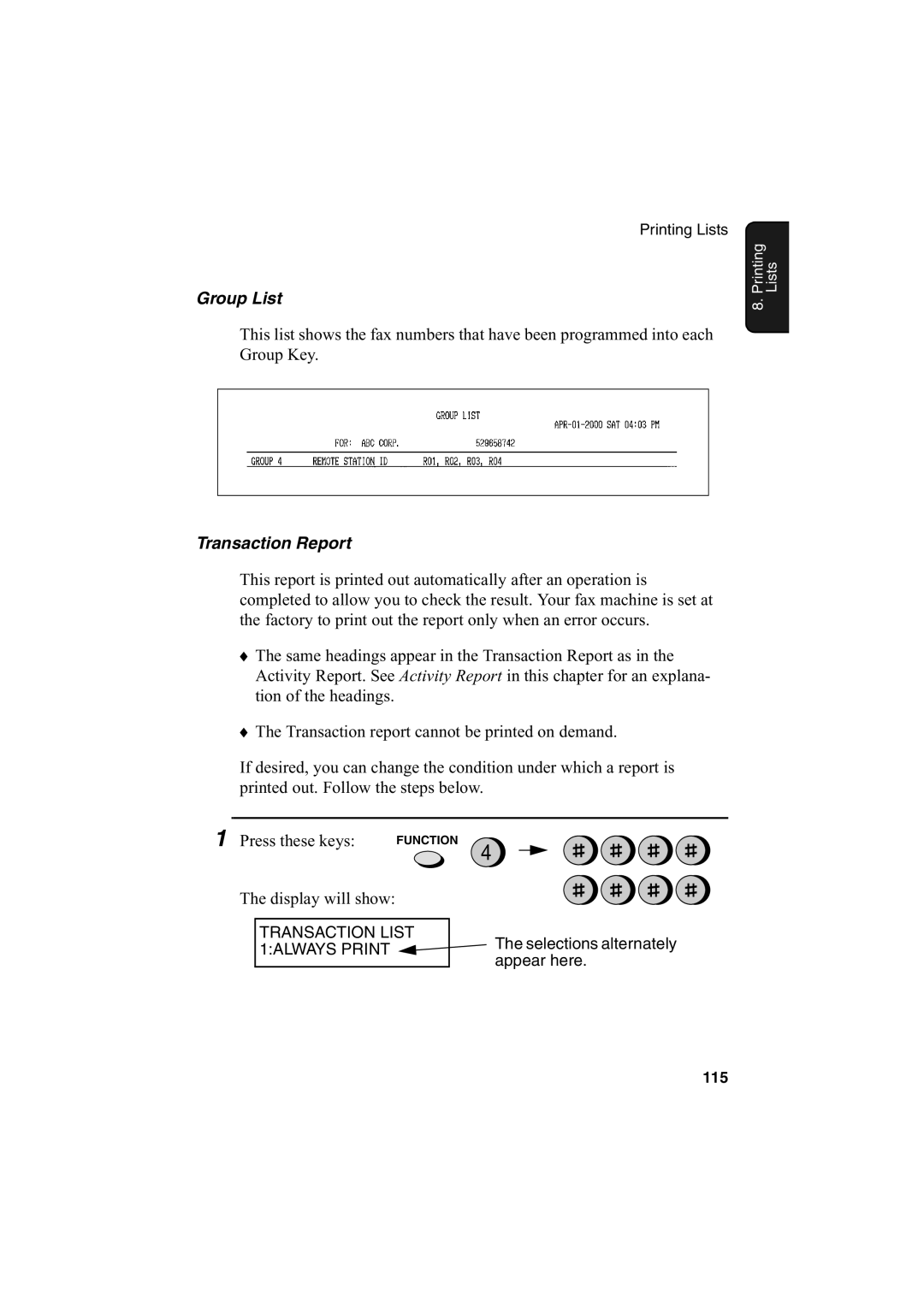 Sharp FO-2950M operation manual Group List, Transaction Report 