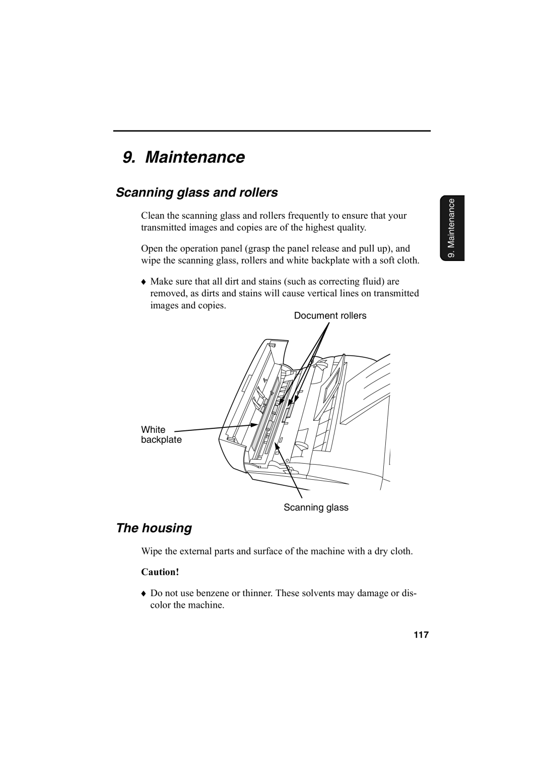 Sharp FO-2950M operation manual Maintenance, Scanning glass and rollers, Housing 