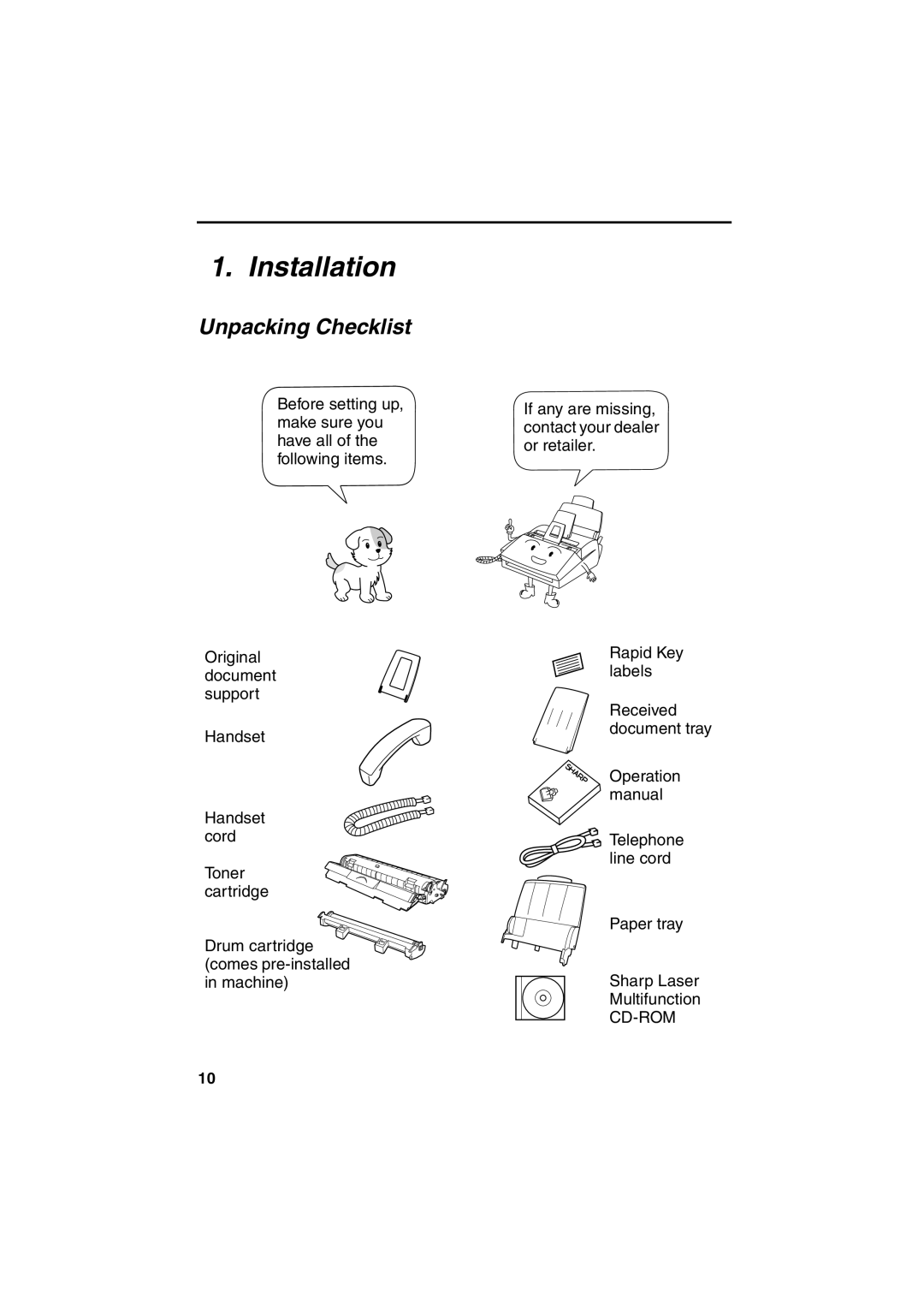 Sharp FO-2950M operation manual Installation, Unpacking Checklist 