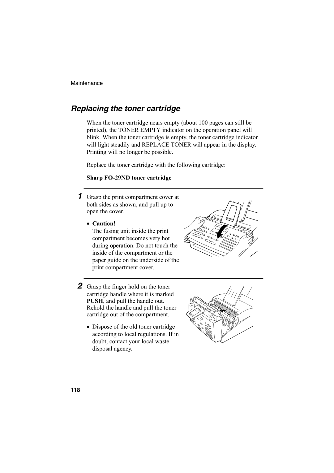 Sharp FO-2950M operation manual Replacing the toner cartridge, Sharp FO-29ND toner cartridge 