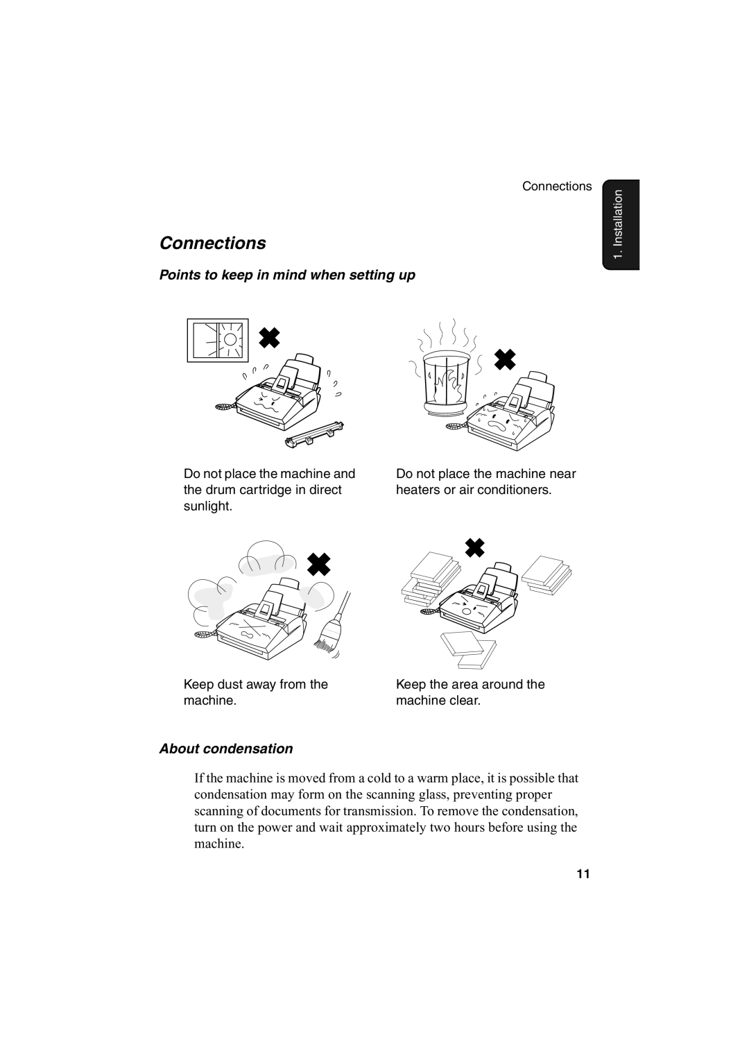 Sharp FO-2950M operation manual Connections, Points to keep in mind when setting up, About condensation 