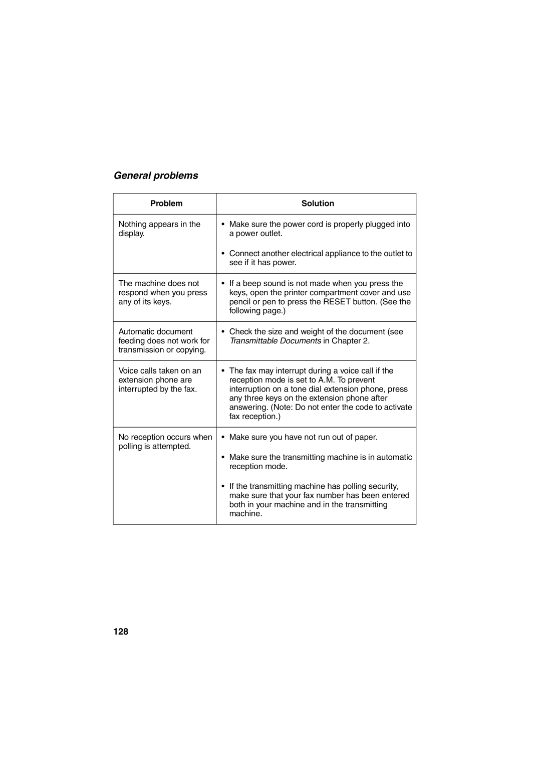 Sharp FO-2950M operation manual General problems, Transmittable Documents in Chapter 