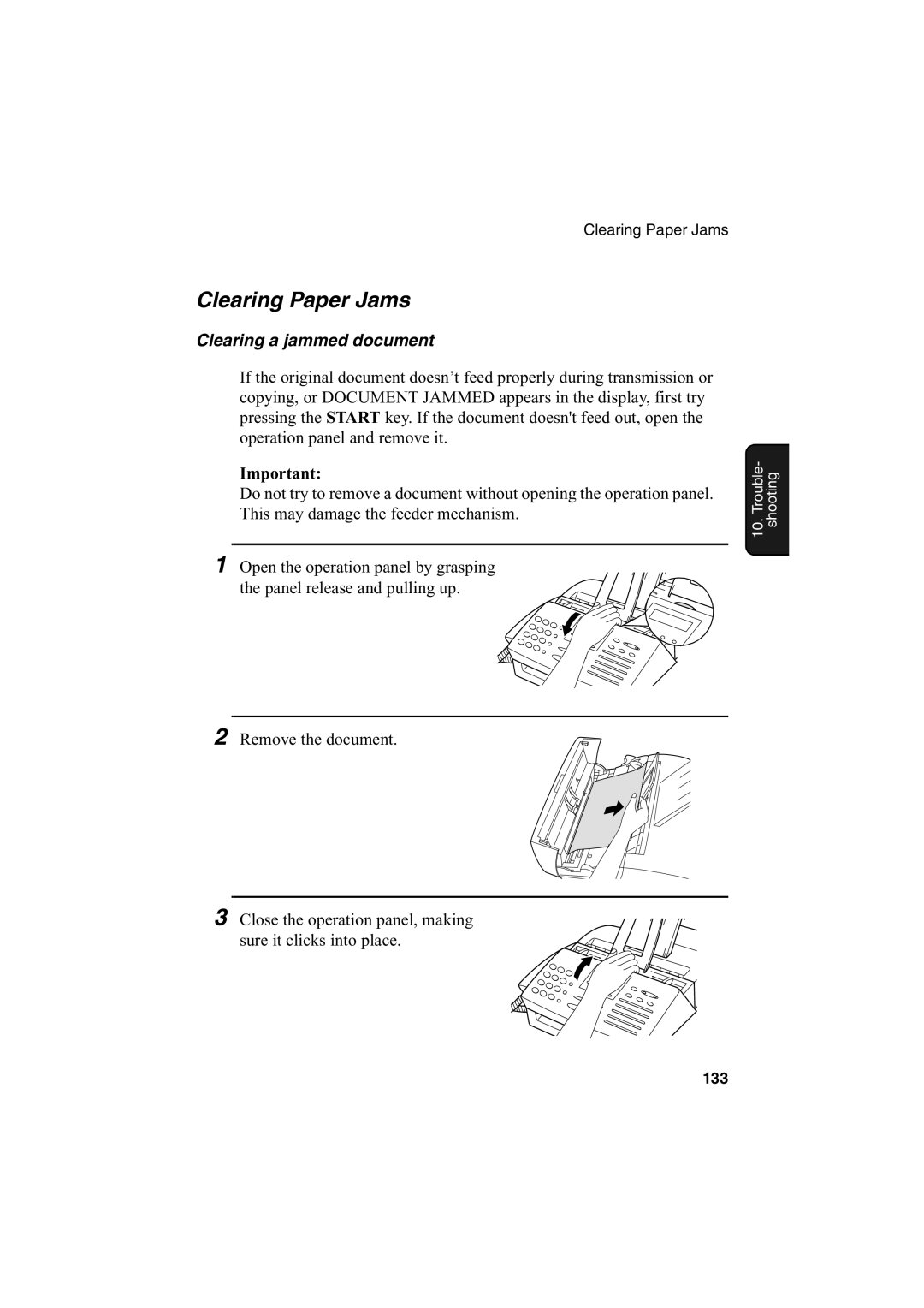 Sharp FO-2950M operation manual Clearing Paper Jams, Clearing a jammed document 