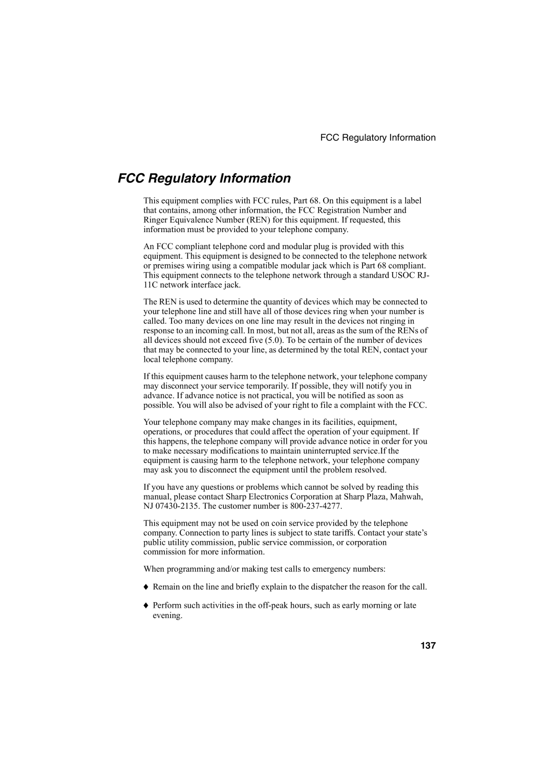 Sharp FO-2950M operation manual FCC Regulatory Information 