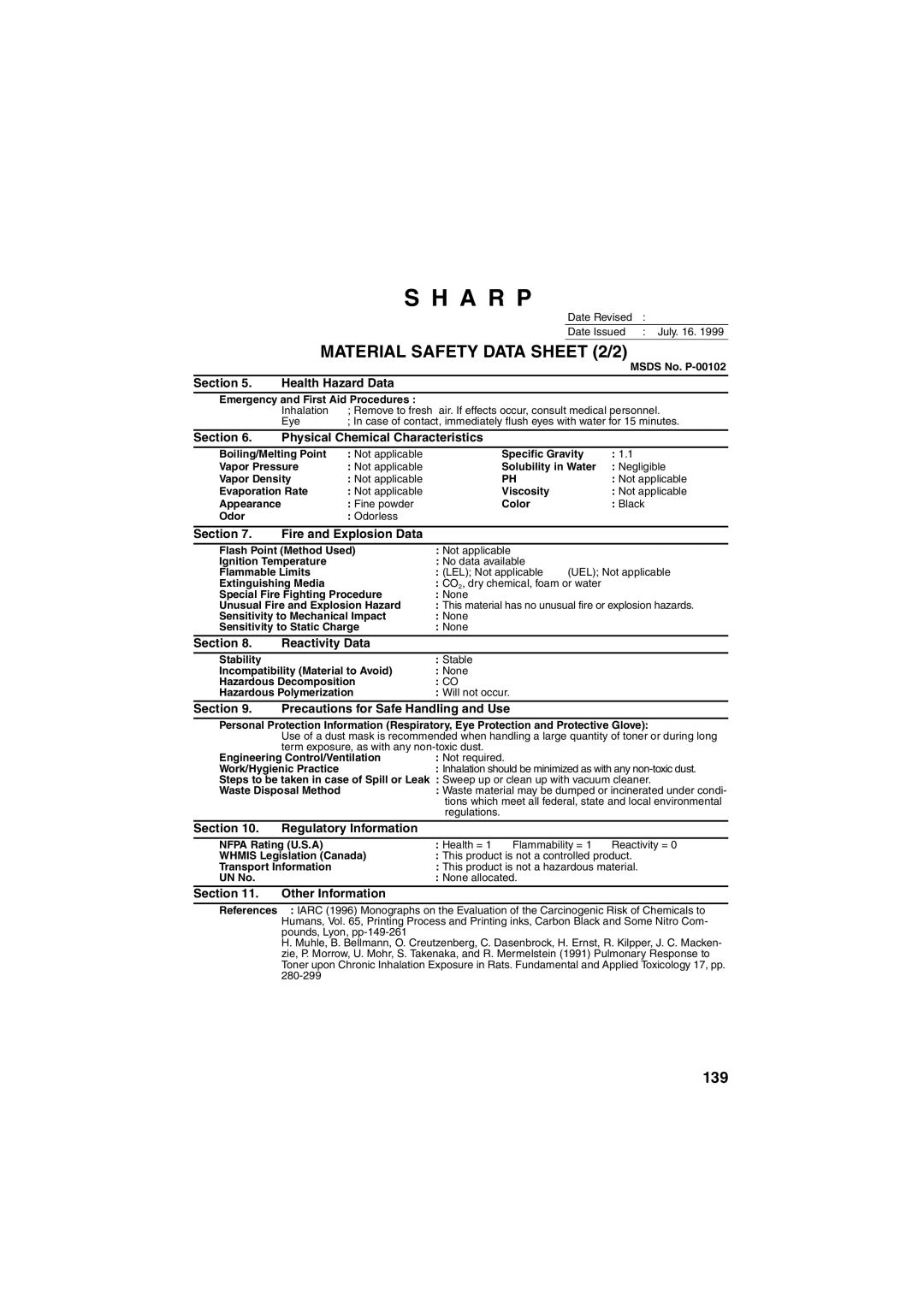 Sharp FO-2950M operation manual Material Safety Data Sheet 2/2 