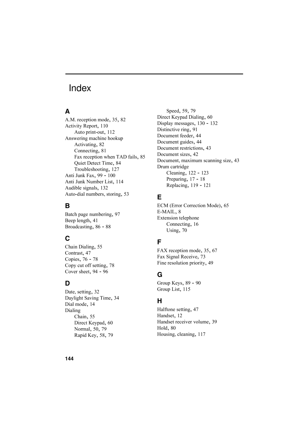 Sharp FO-2950M operation manual Index, 144 