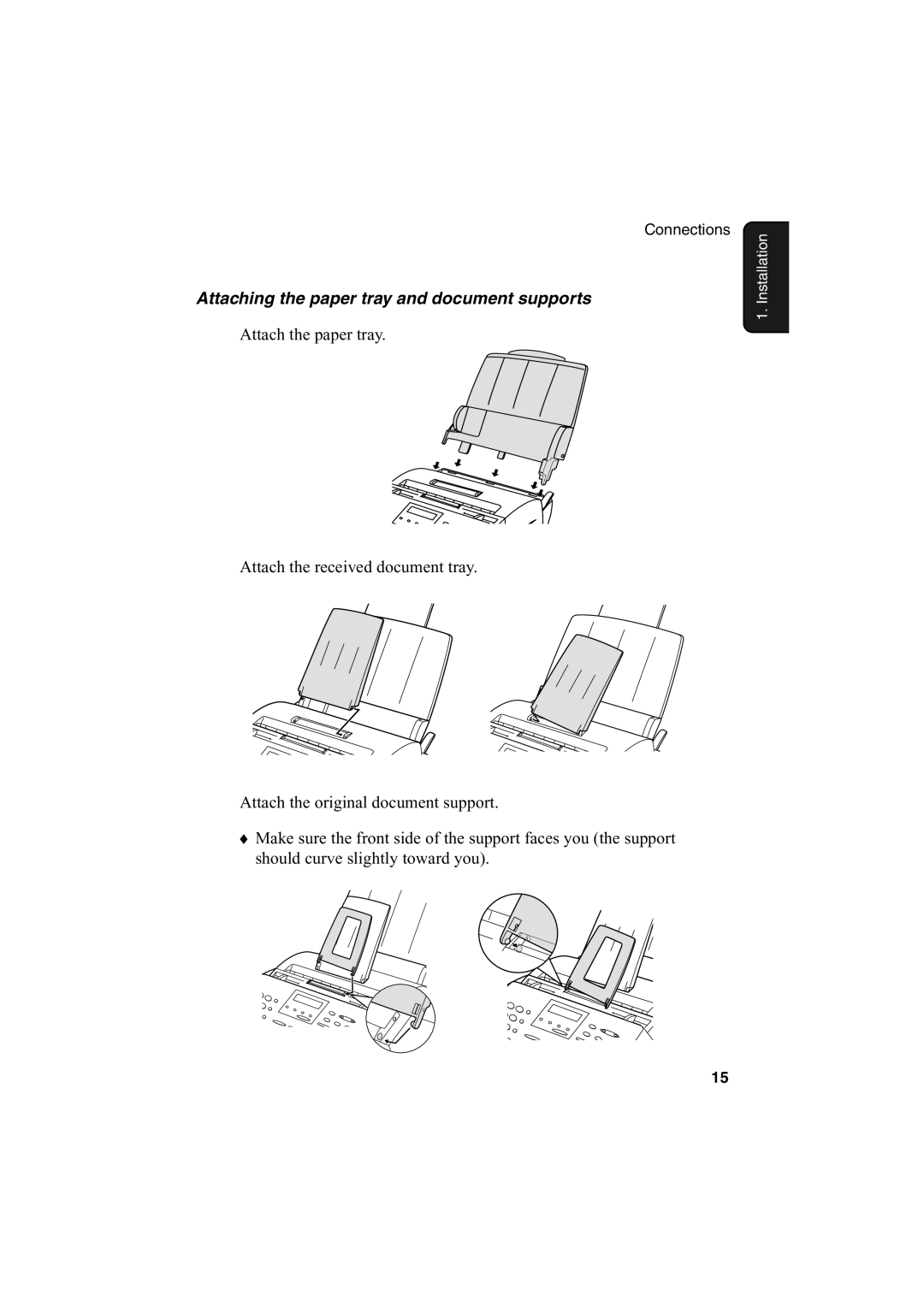 Sharp FO-2950M operation manual Attaching the paper tray and document supports 