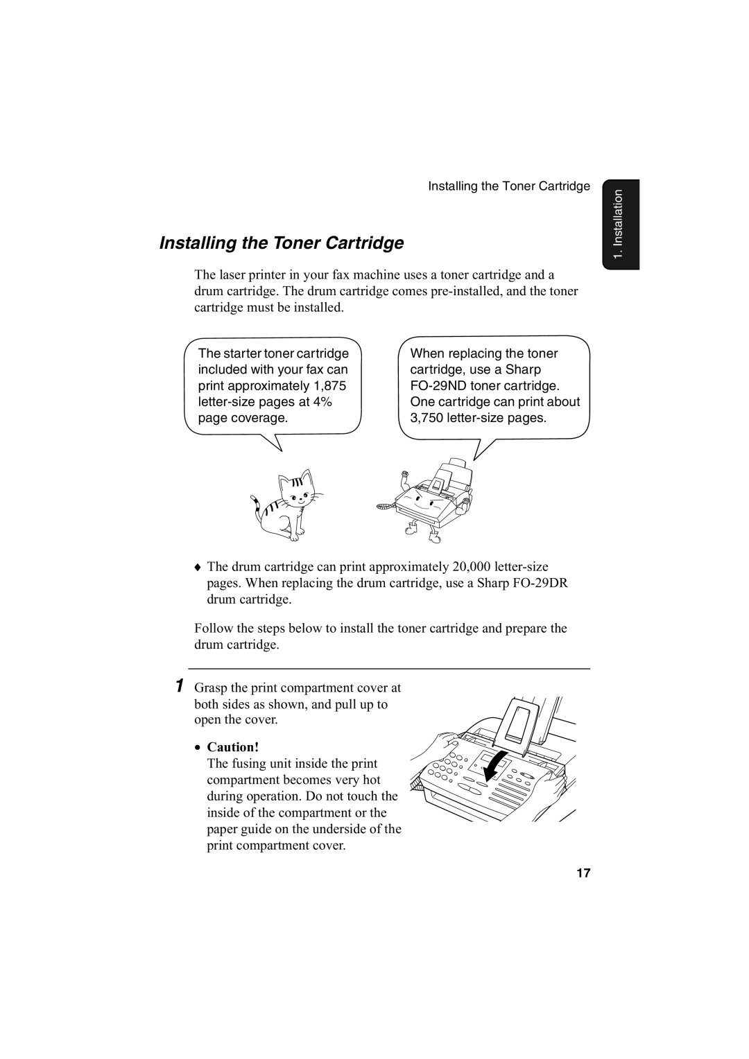 Sharp FO-2950M operation manual Installing the Toner Cartridge 