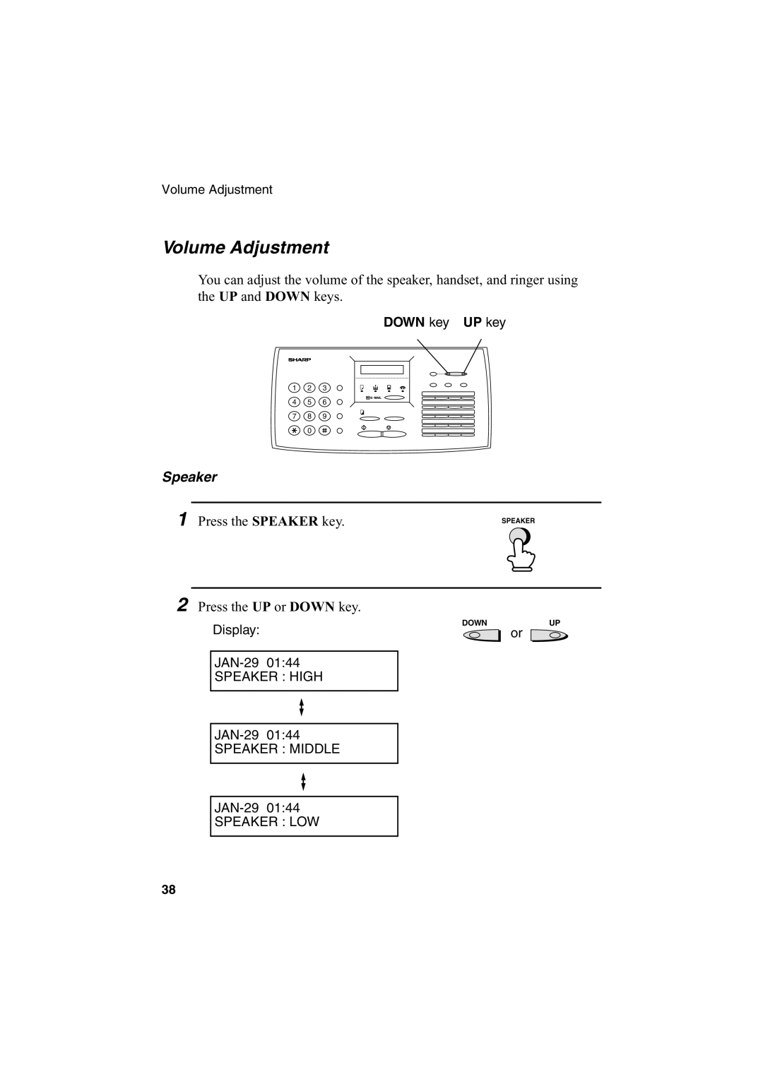 Sharp FO-2950M operation manual Volume Adjustment, Speaker 