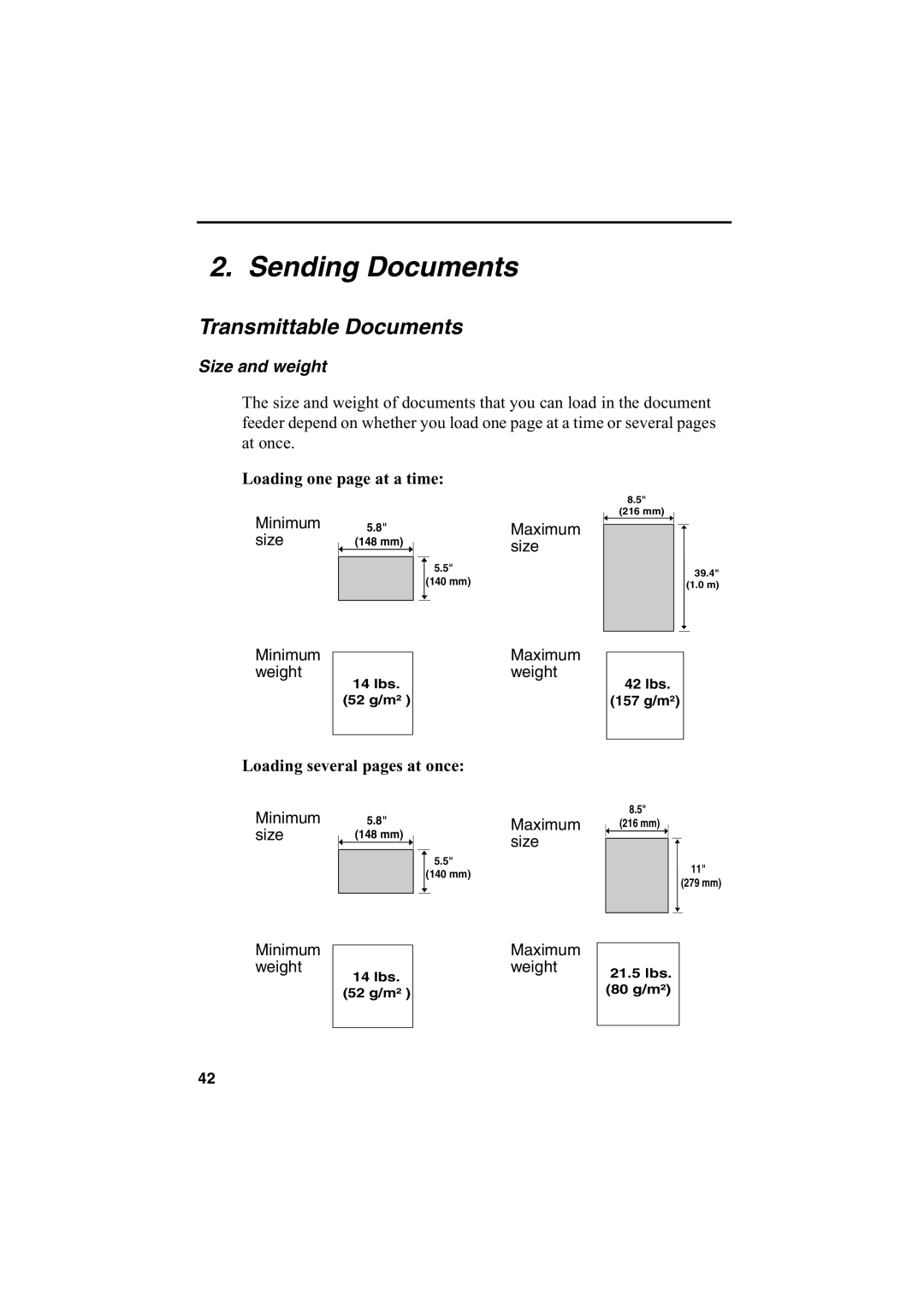 Sharp FO-2950M operation manual Sending Documents, Transmittable Documents, Size and weight, Loading one page at a time 